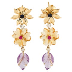 Multi Gemstone Carved Flower Dangle Earrings w/ Blue Sapphire & Diamonds