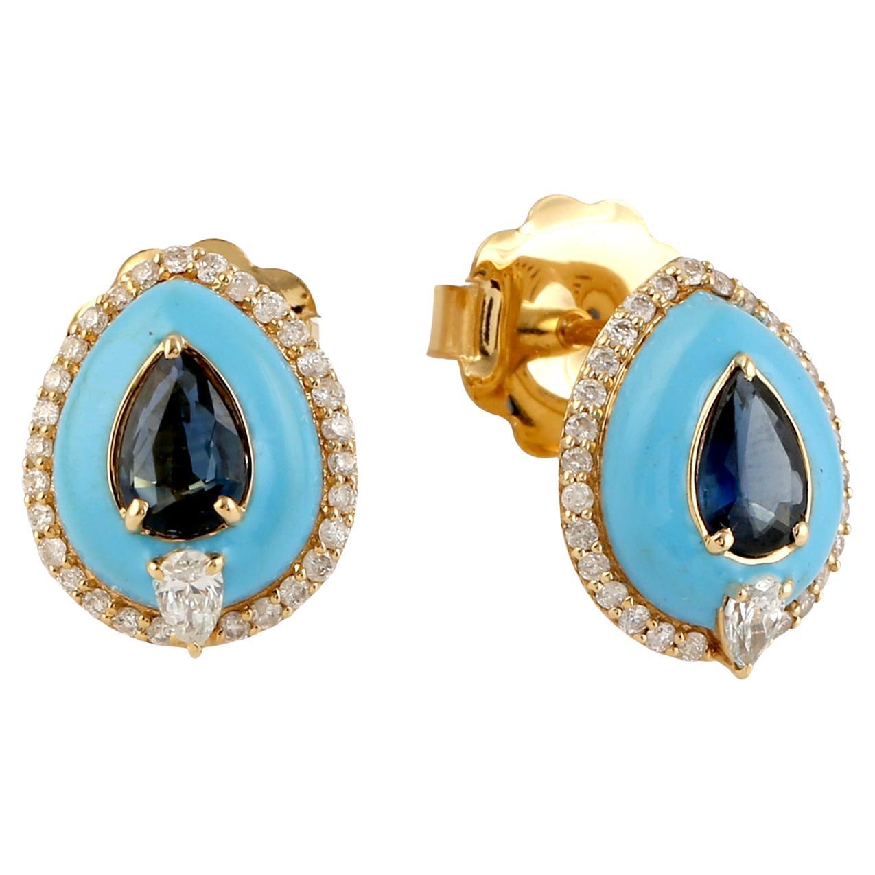 Pear Shaped Blue Sapphire & Enamel Studs With Diamonds Made In 18K Yellow Gold For Sale