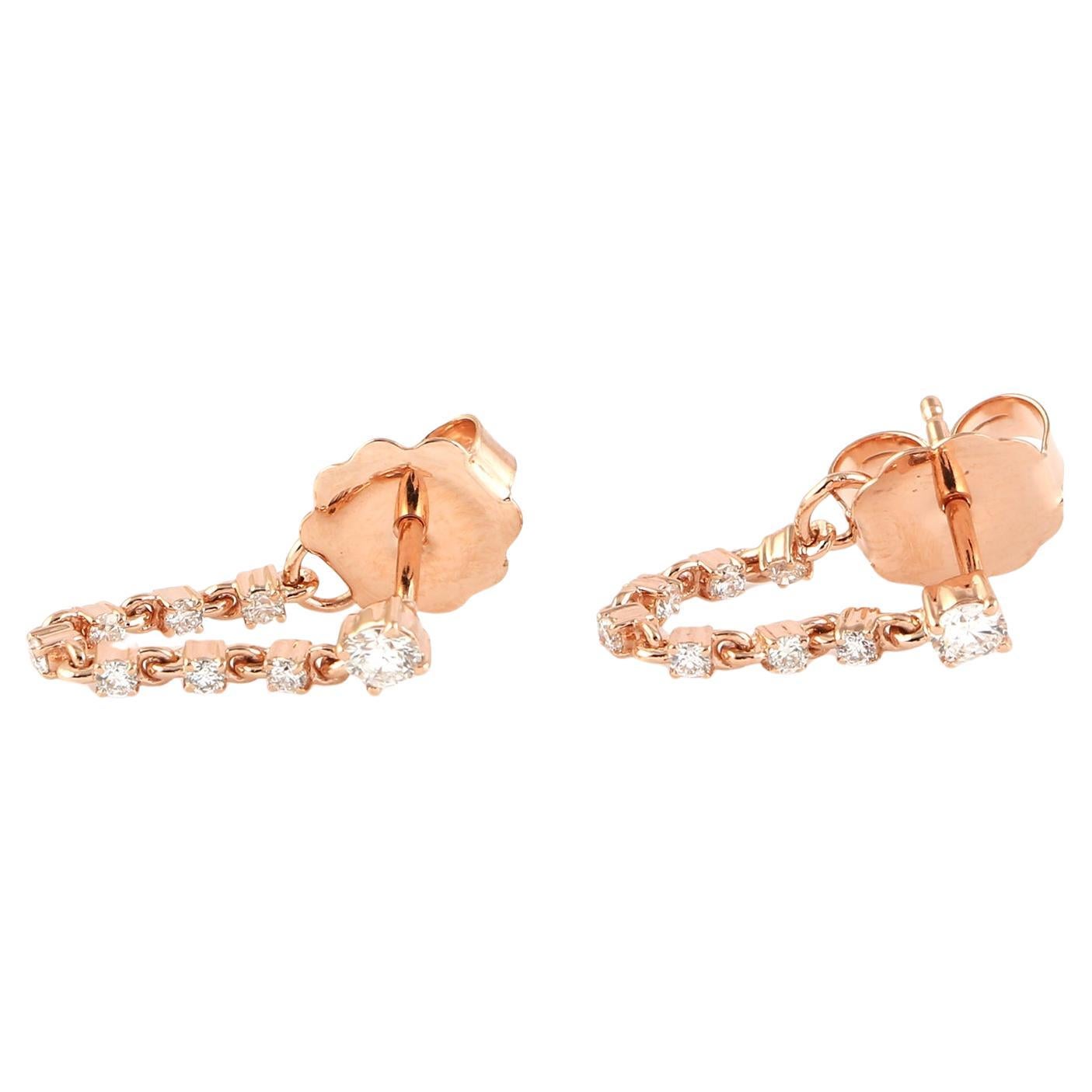 Diamond Chain Thread Earrings Made In 14k Rose Gold For Sale