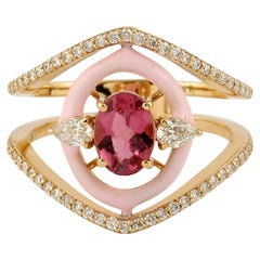 Rose Cut Pink Turmalin Ring w / rosa Emaille & Diamanten aus 18k Gelbgold