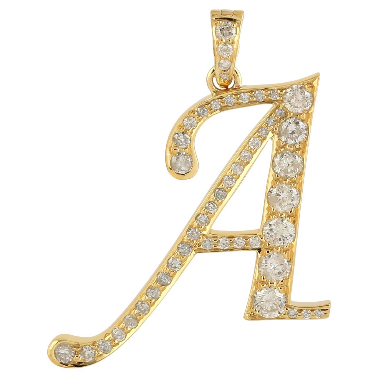 Initial A Alphabet Letter Charm Pendant w/ Pave Diamonds Made In 14K Yellow Gold For Sale