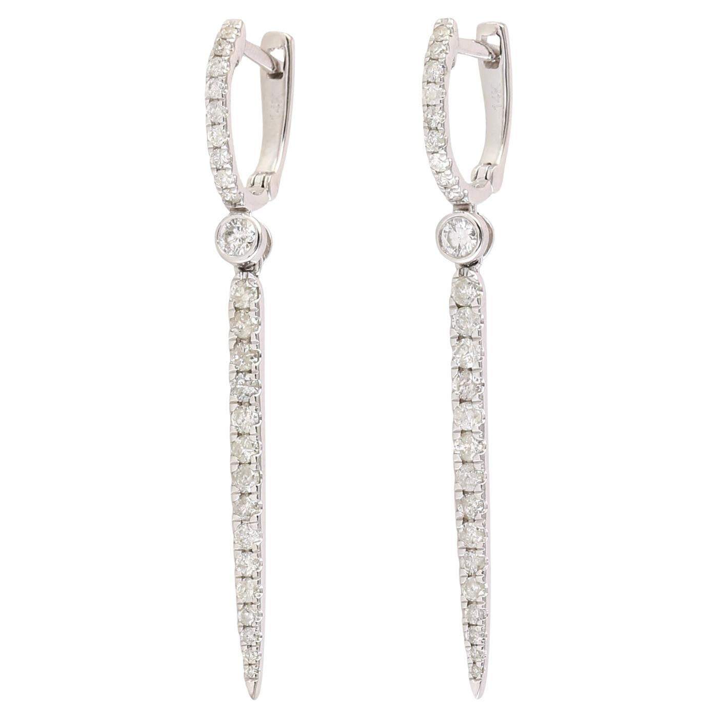 Pave Diamond Long Dagger Dangle Earrings made In 14K White Gold For Sale