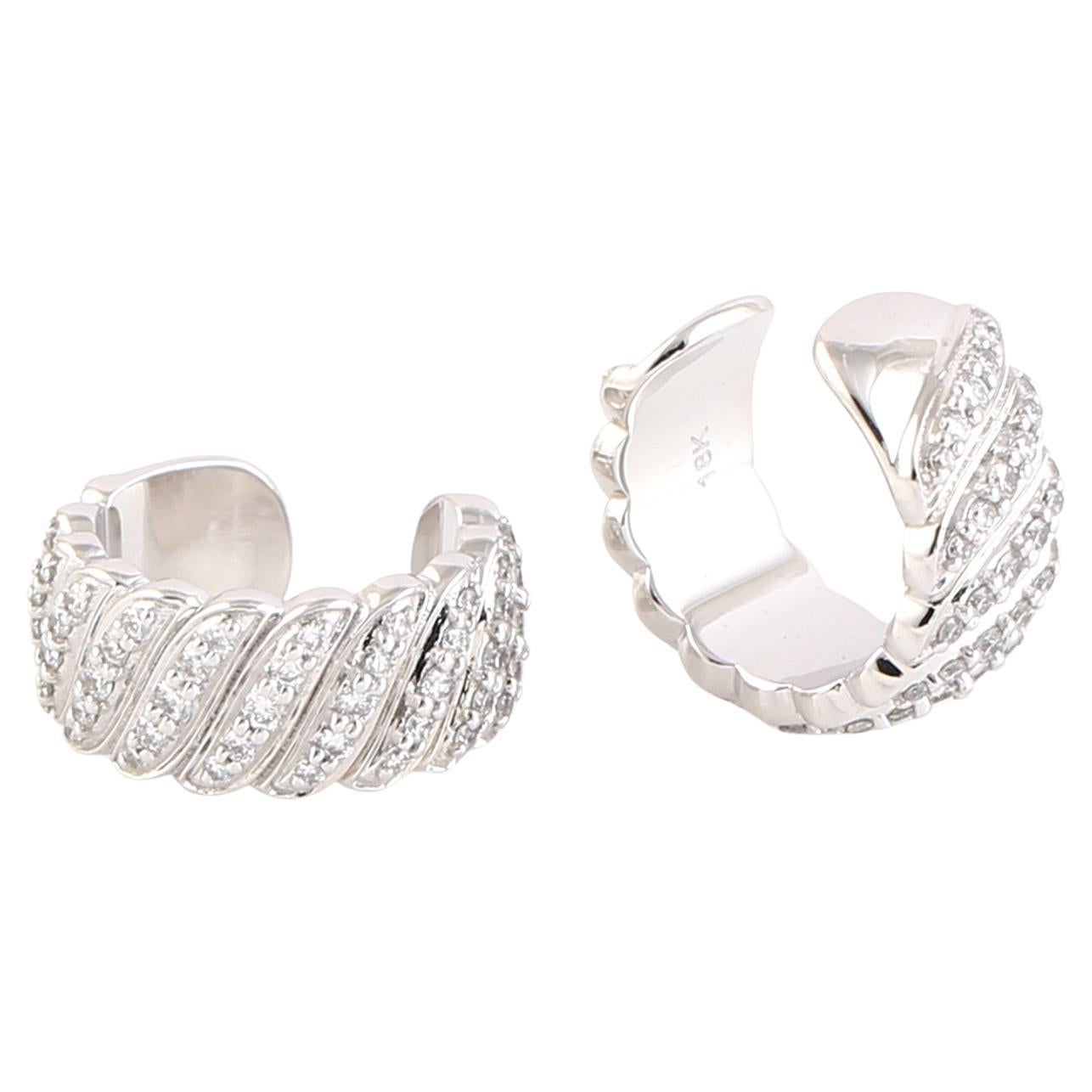 Dome Shaped Pave Diamond Ear Cuffs Made In 18K White Gold For Sale