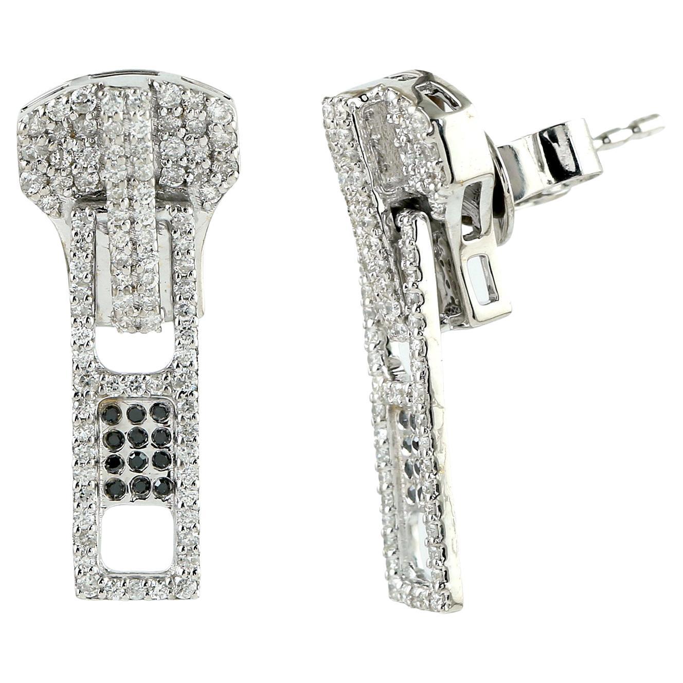 Pave Diamond Zipper Dangle Earrings Made In 18k White Gold
