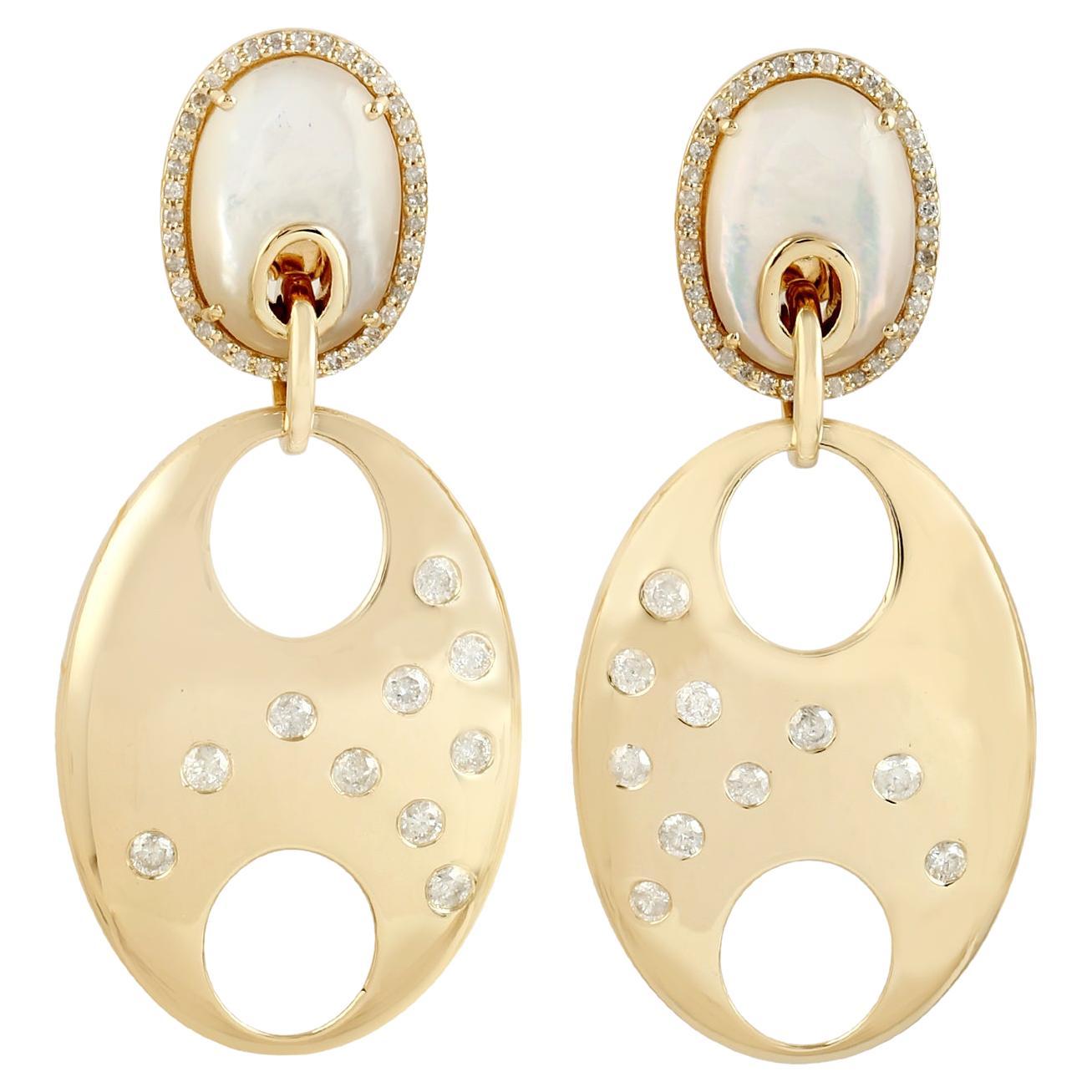 Pave Diamond & Mother Of Pearl Dangle Earrings Made In 14k Gold For Sale