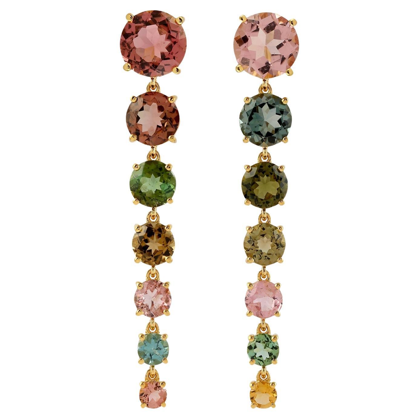 18.75 ct Multicolored Round Tourmaline Dangle Earrings Made In 18k Yellow Gold For Sale