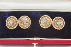 Carved Gold Floral Design Cufflinks with Turquoise Centre, English circa 1840