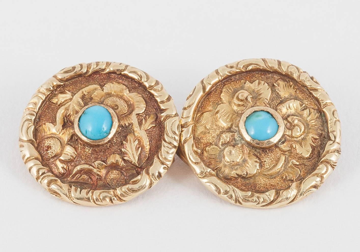 Early Victorian Carved Gold Floral Design Cufflinks with Turquoise Centre, English circa 1840 For Sale