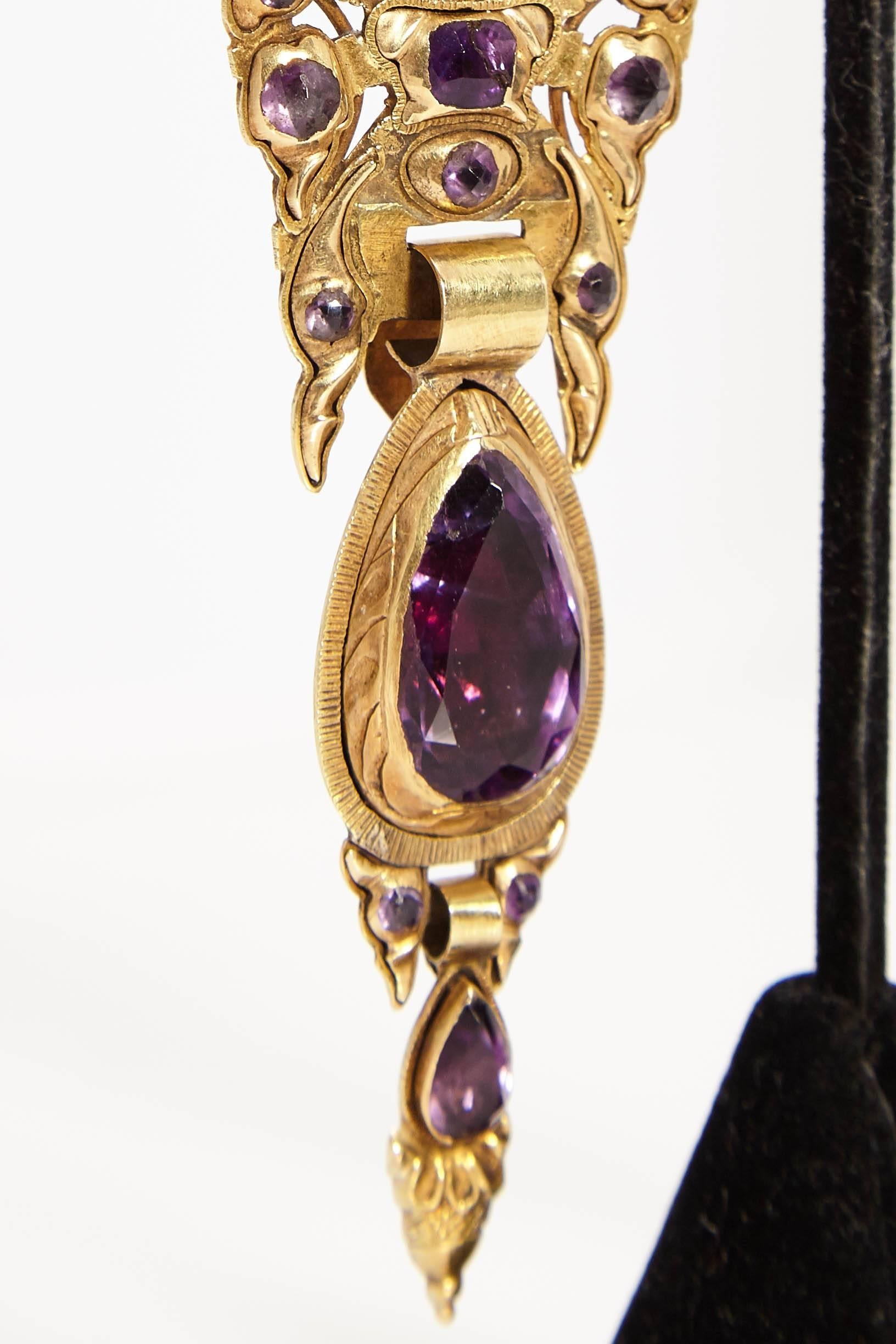 A pair of long amethyst and gold ear pendants. Made in Spain, circa 1850