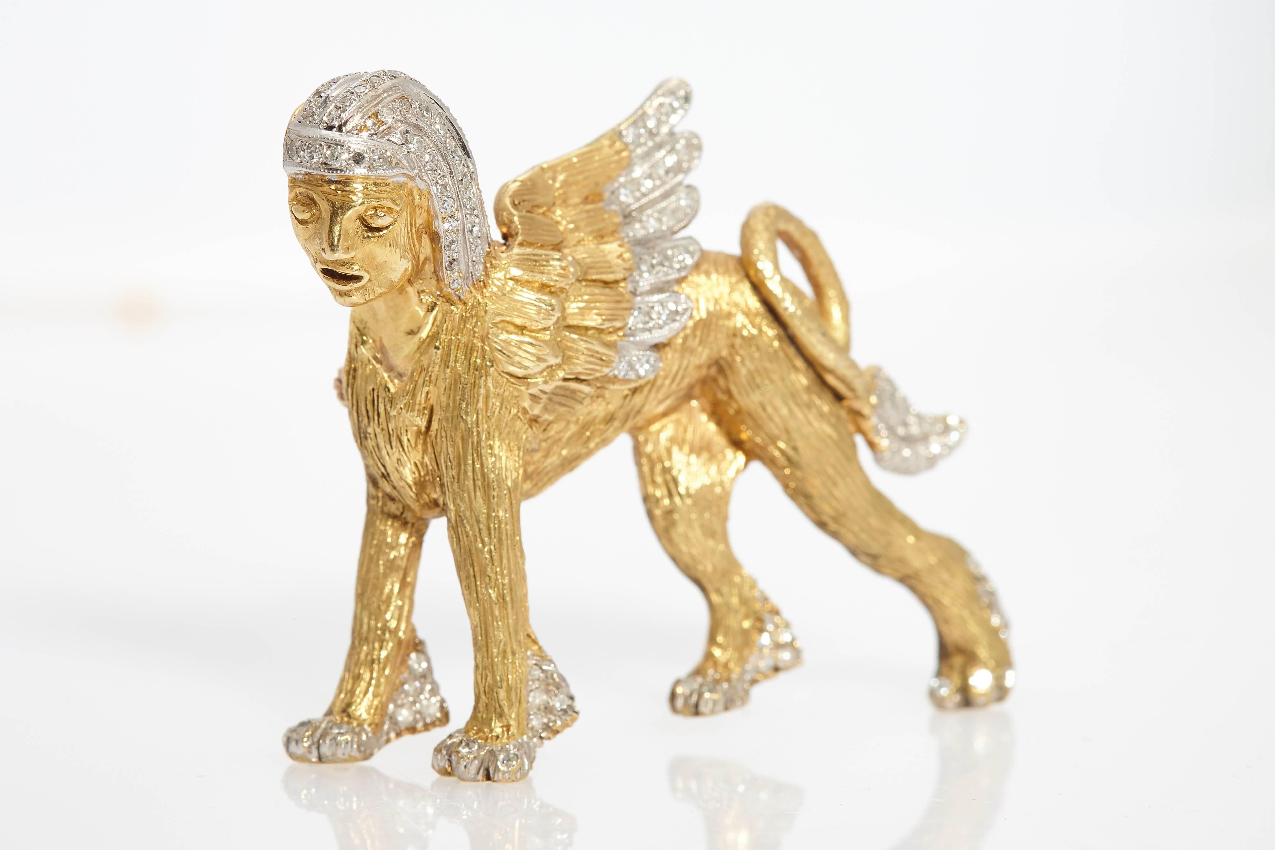 1970s Italy Diamond Gold Sphinx Brooch 1