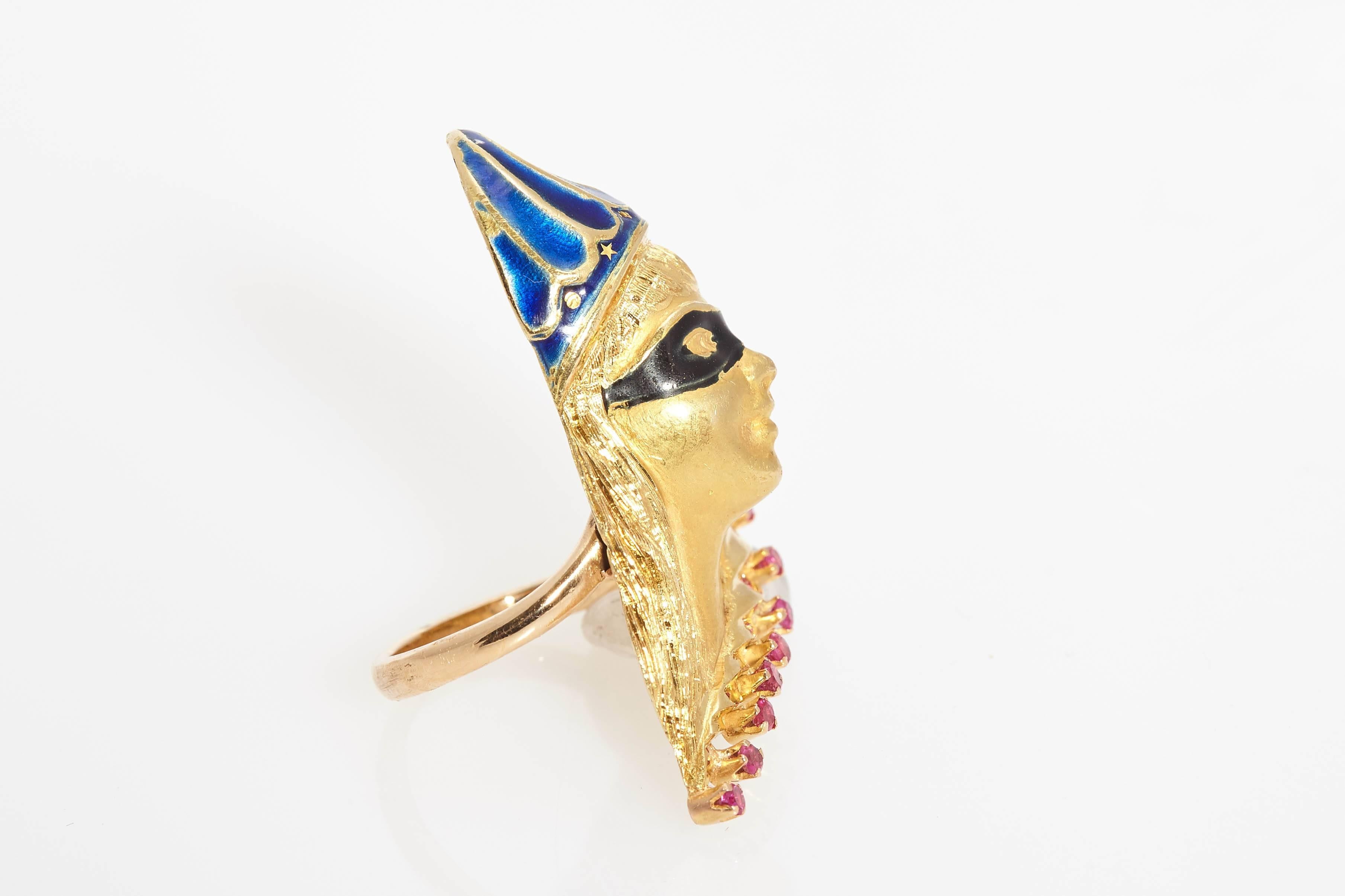 1970s Enamel Rubies Gold Venetian Harlequin Mask Ring  In Good Condition In New York, NY