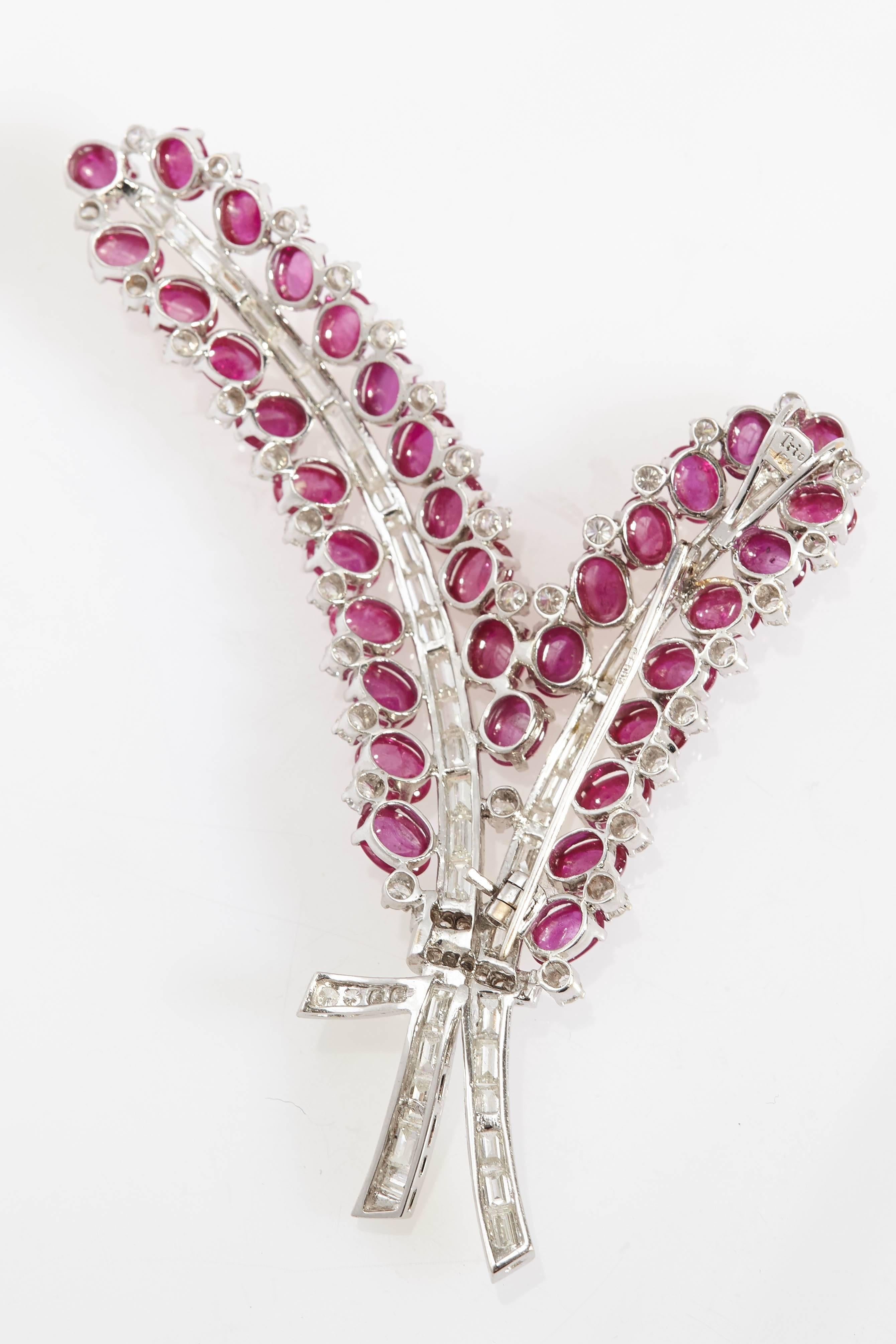 1960s Ruby Diamond Gold Floral Brooch In Excellent Condition For Sale In New York, NY