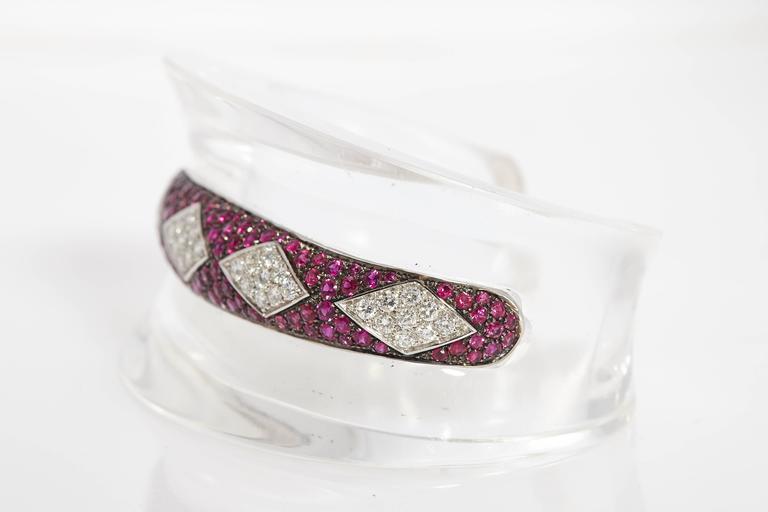 1980s Ruby Diamond Cuff Rock Crystal bracelet  In Excellent Condition For Sale In New York, NY