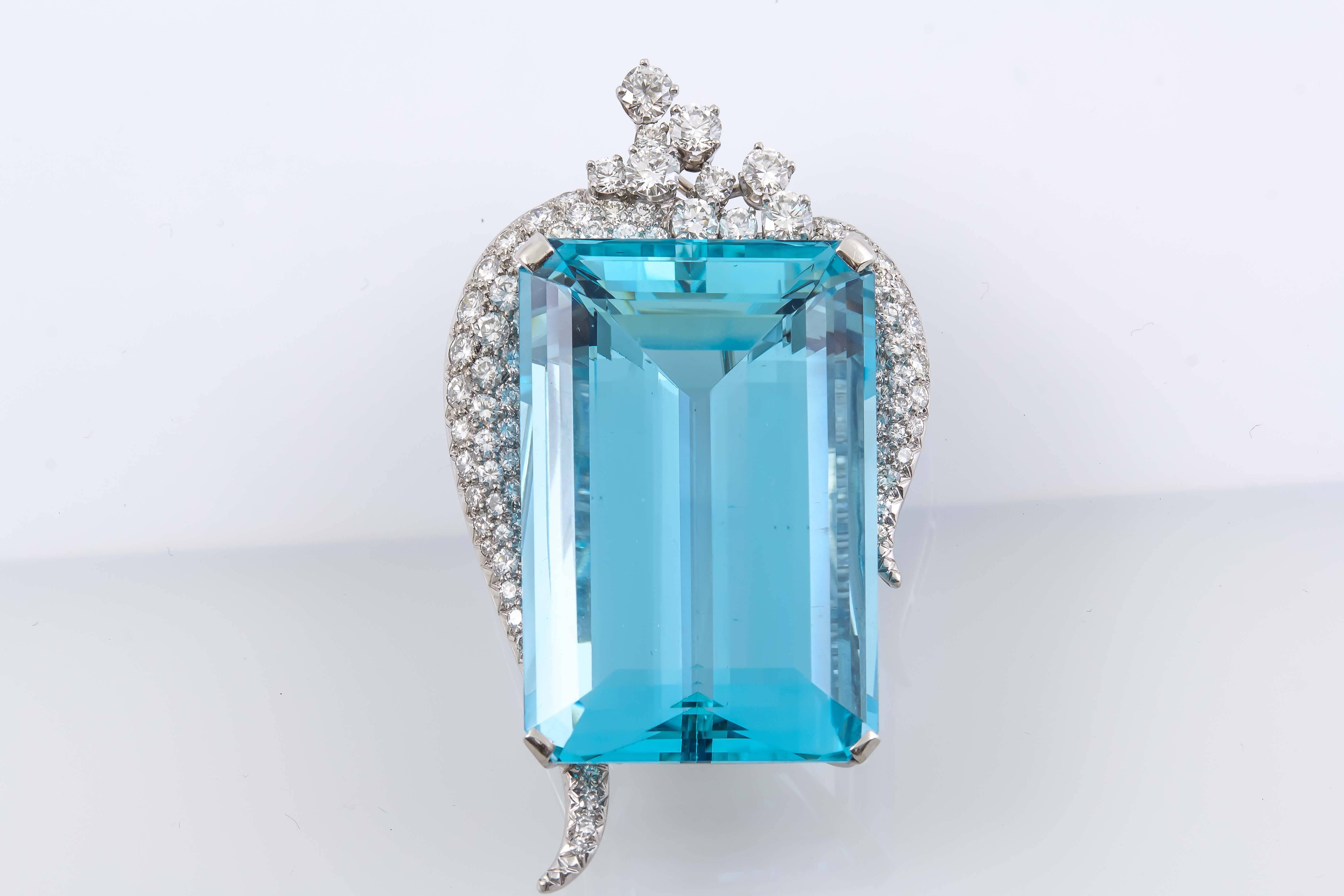 Art Deco 120 Carat Aquamarine Diamond Platinum Pendant Brooch