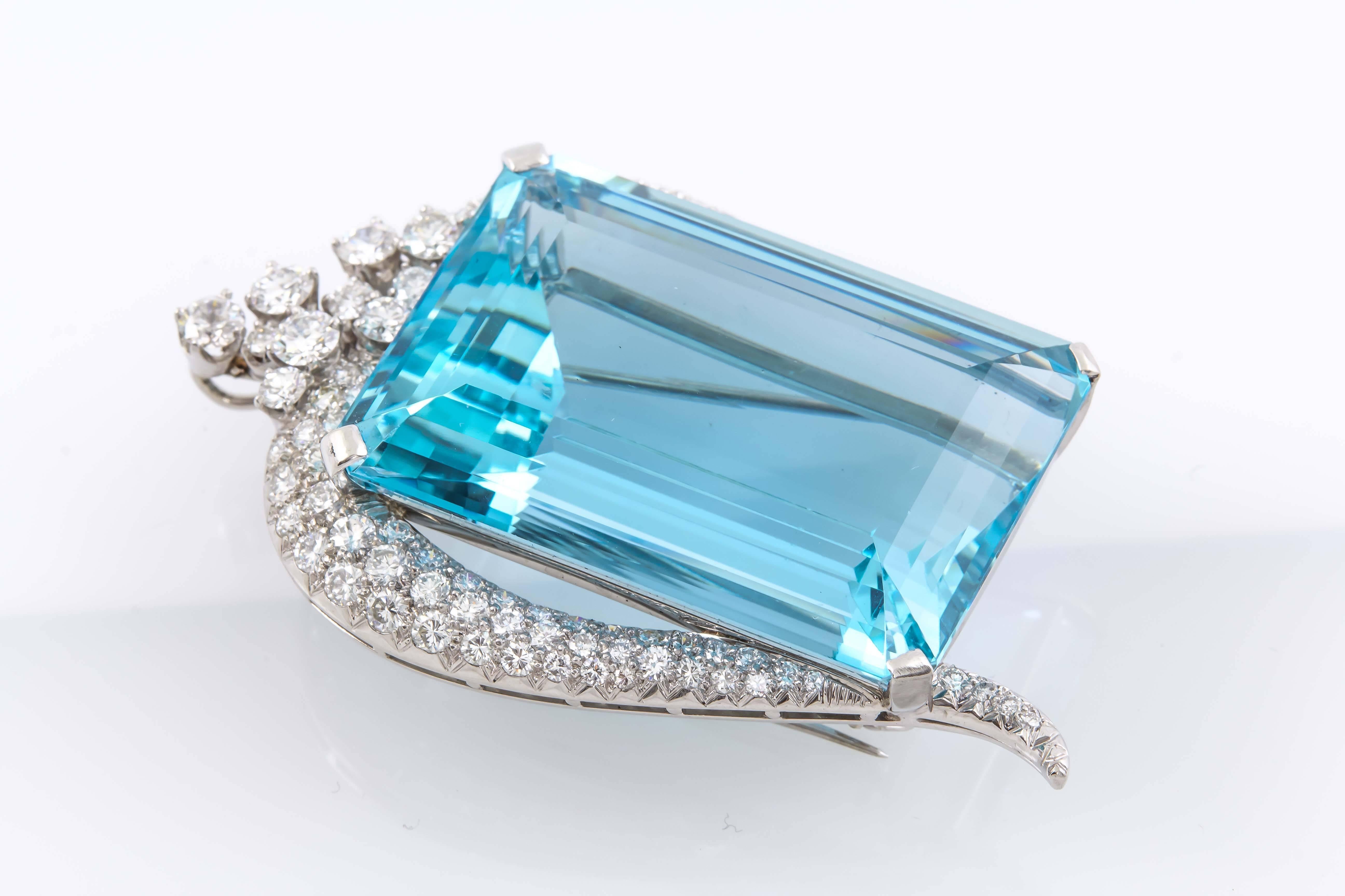 120 Carat Aquamarine Diamond Platinum Pendant Brooch In Excellent Condition In New York, NY