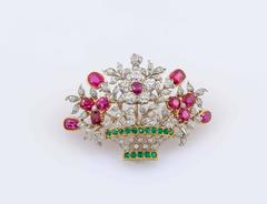 Tiffany & Co. Edwardian Emerald Ruby Diamond Gold Flower Basket Brooch