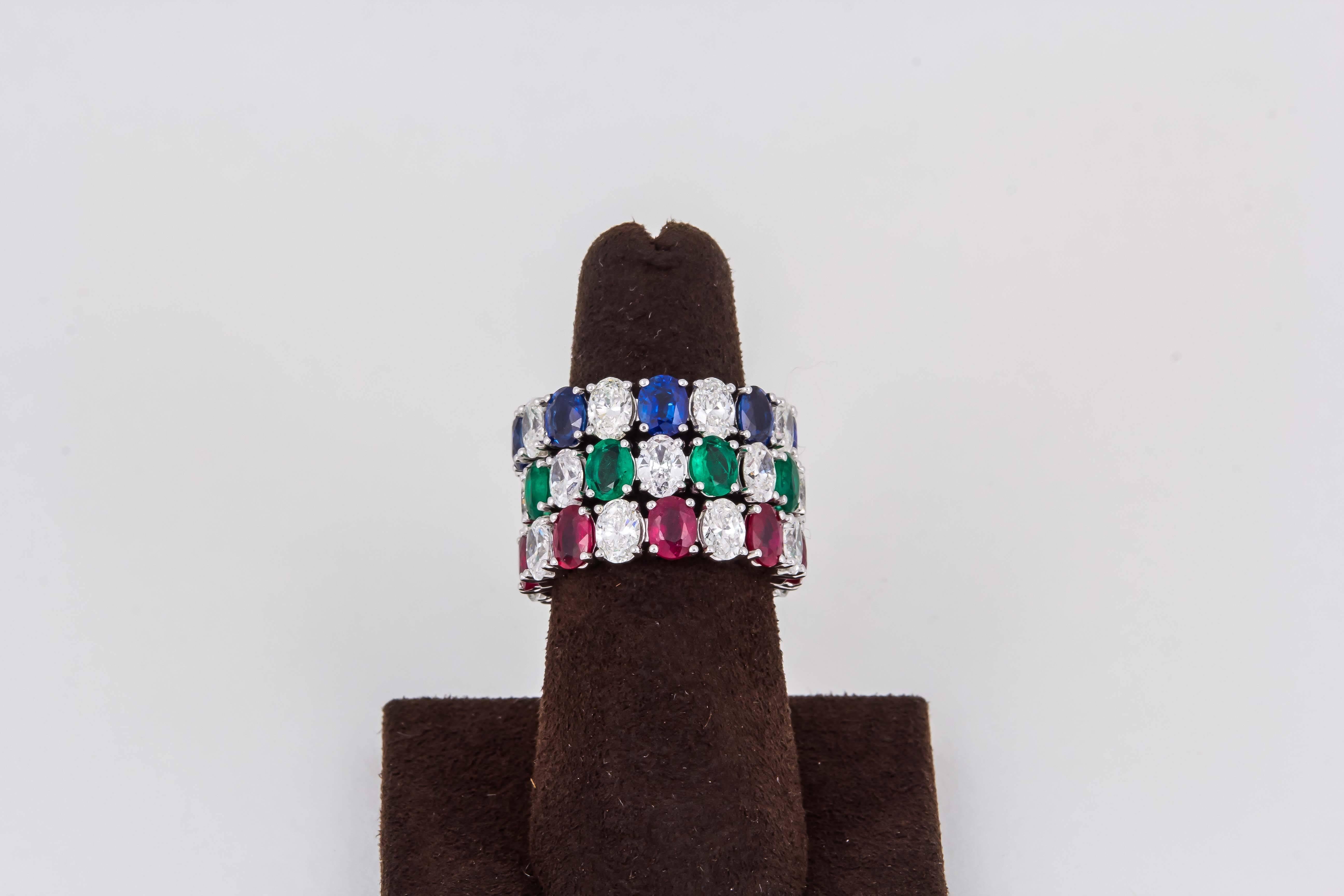 Set of Oval Sapphire Ruby Emerald Diamond Eternity Band Rings In New Condition In New York, NY