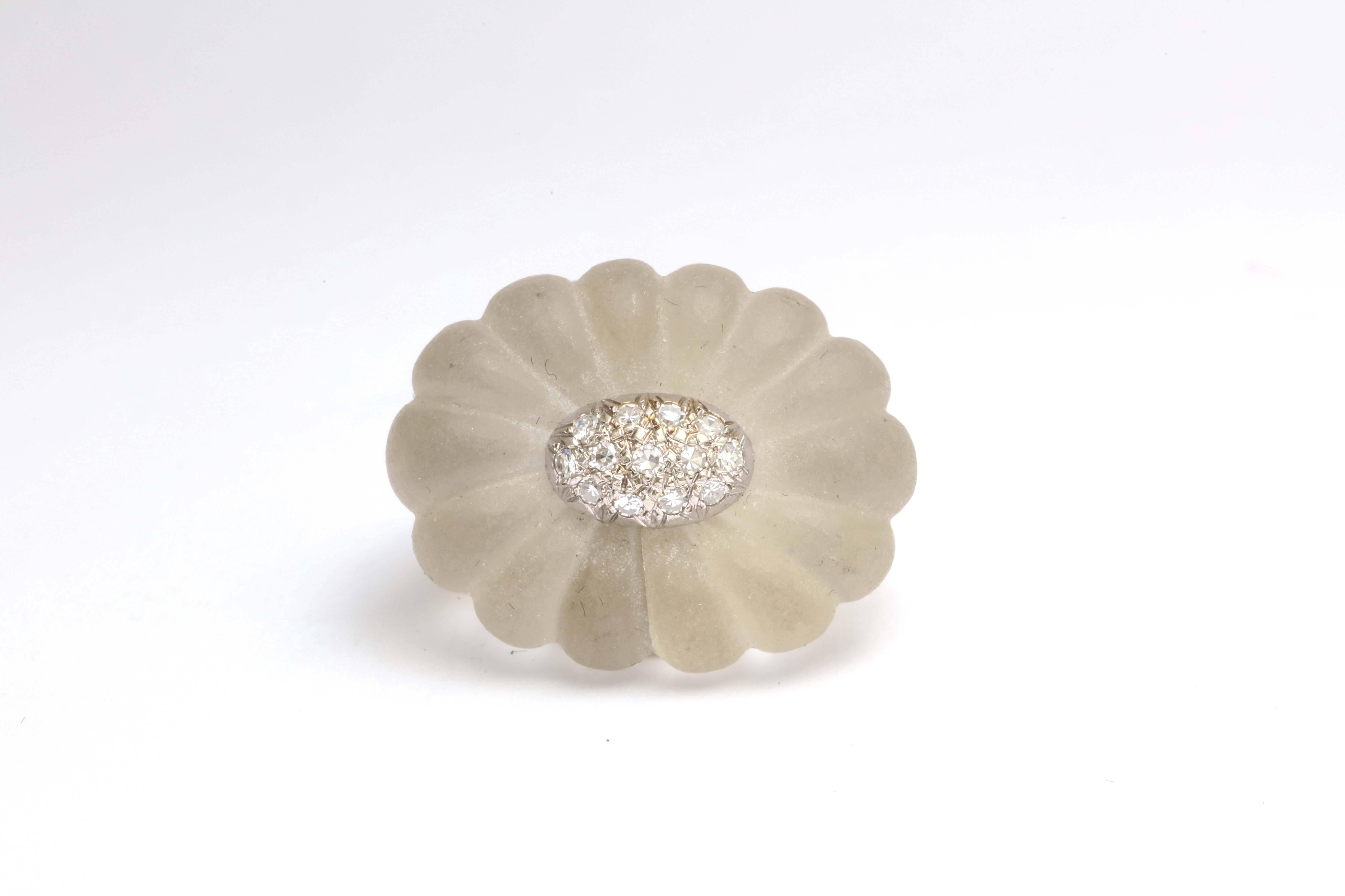 Melon shaped Rock Crystal top with white gold oval pave set with Diamonds. Marked 18kt Italy.  Size 7 but can be sizedShank is in 18kt Yellow Gold and it mirrors the frosted rock crystal Melon shaped top.   Very high style revamp of the 1930's.  