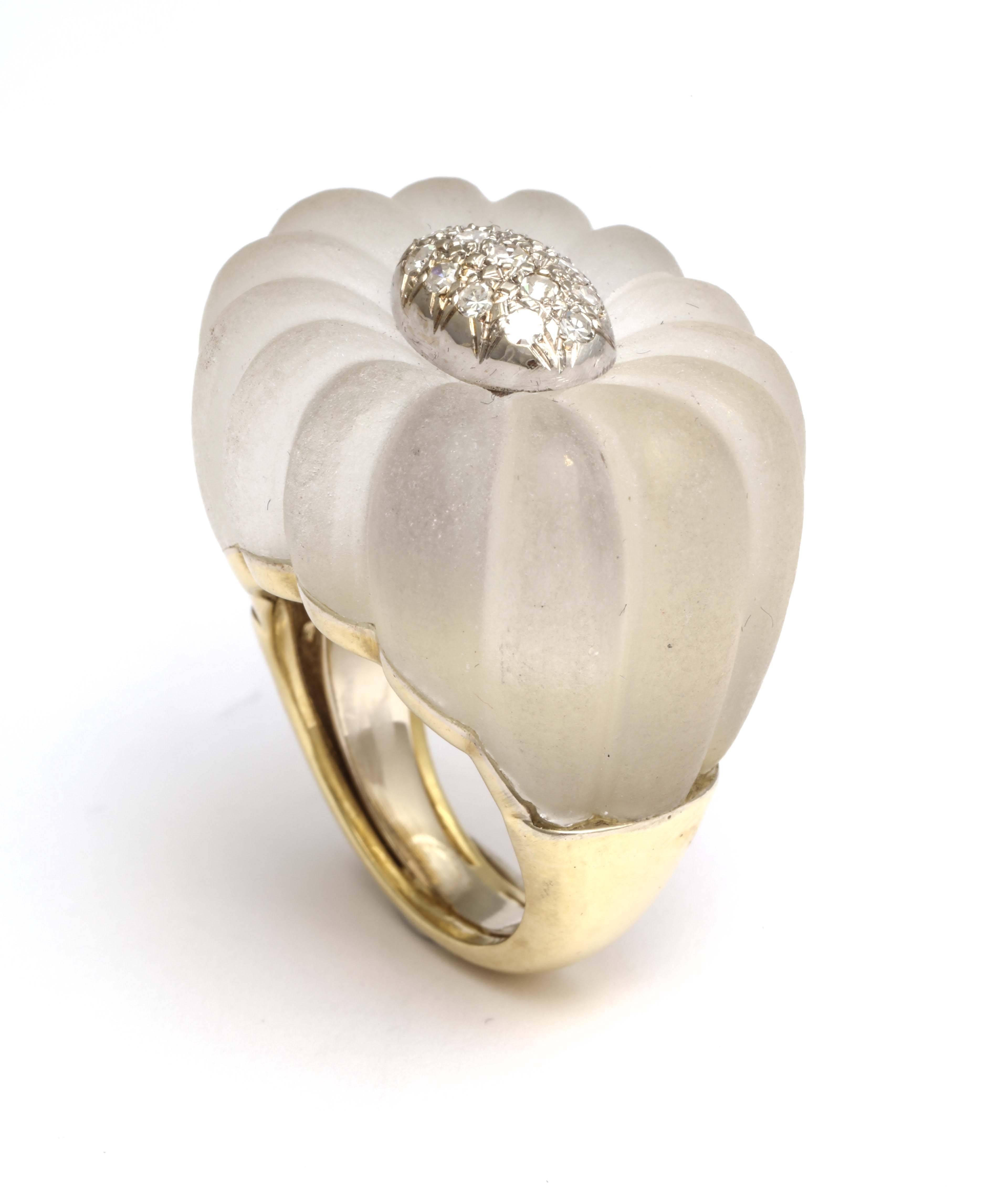 Frosted Rock Crystal Diamond Rosette Gold Ring 3