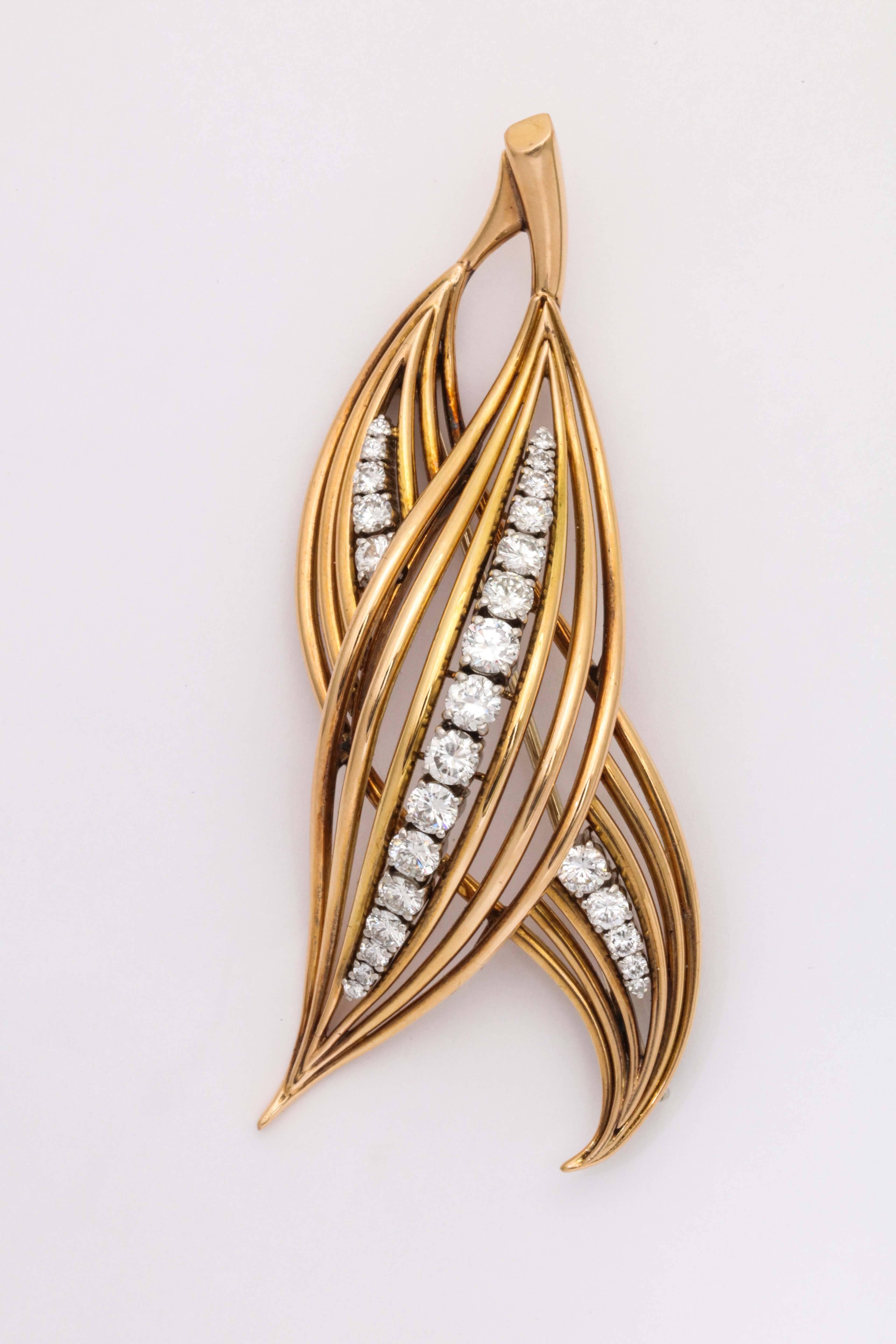 Modern 1950s Elegant Diamond Gold Double Leaf Pin For Sale