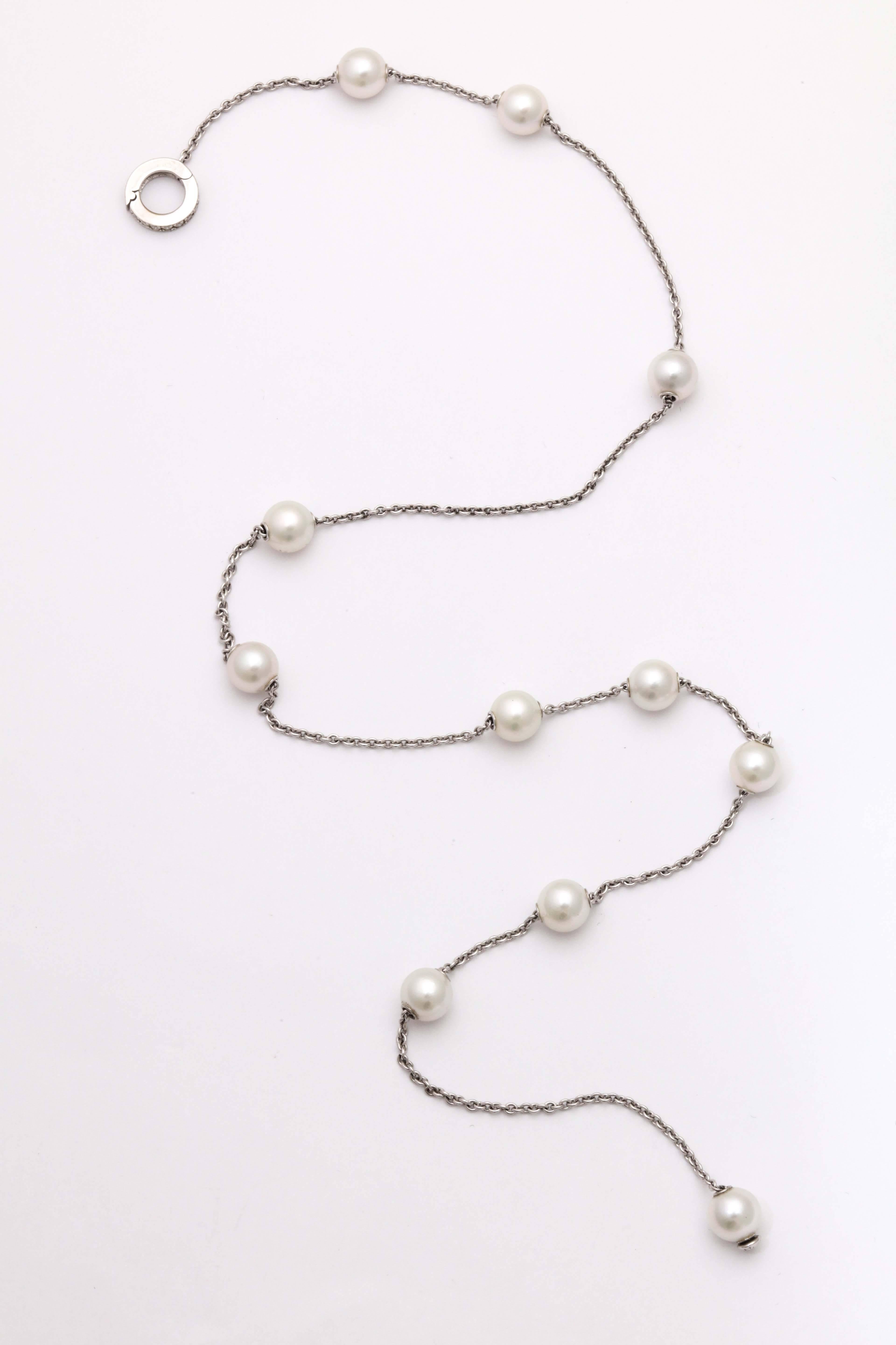 Contemporary Mikimoto Cultured Pearl Diamond Chain Necklace