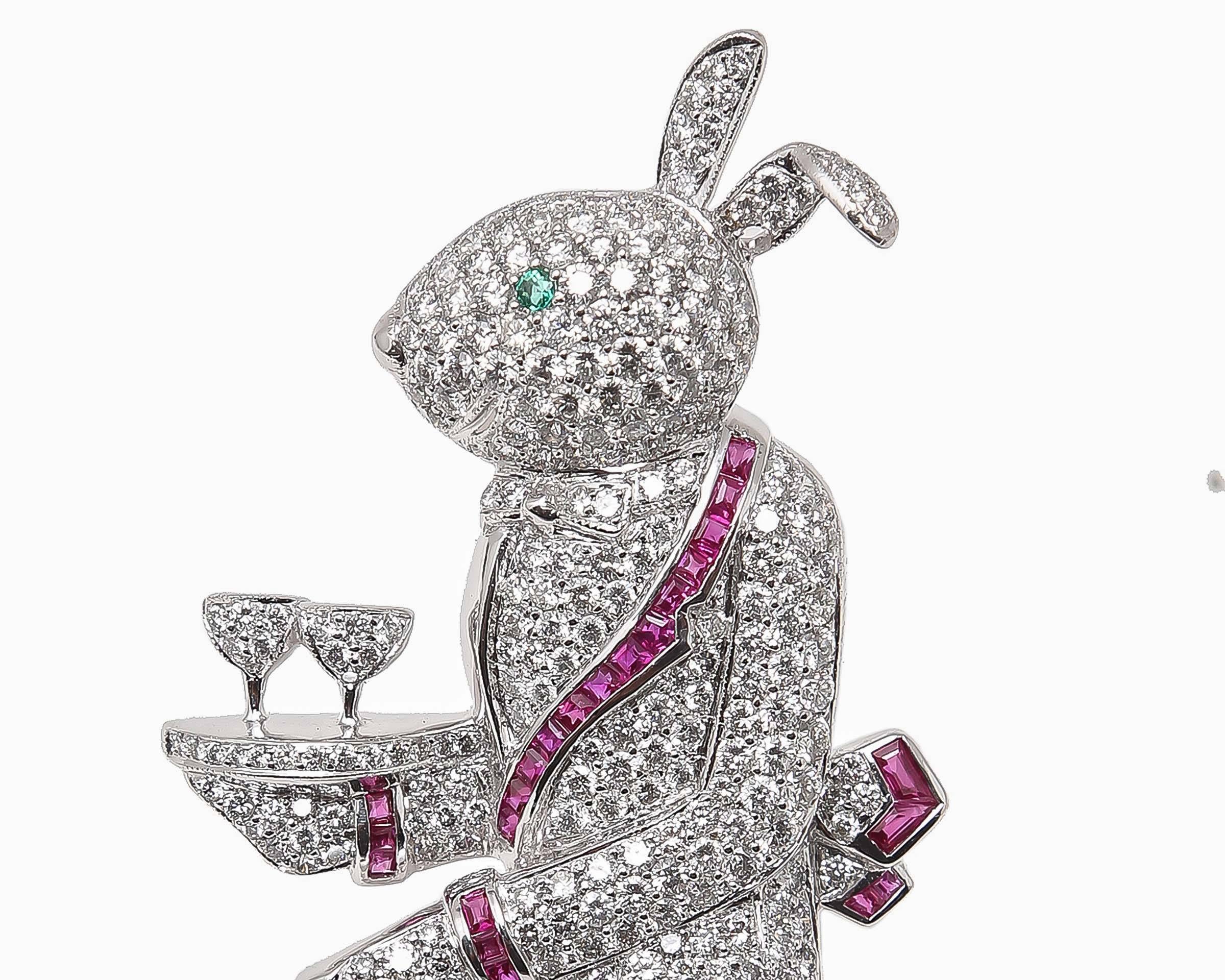 An incredible brooch depicting a rabbit waiter always at your service!  Meticulously crafted in 18 karat white gold embellished with 5.50 carats of brilliant cut diamonds having E color, VS1 clarity.  An impressive 3 carats of beautifully matched