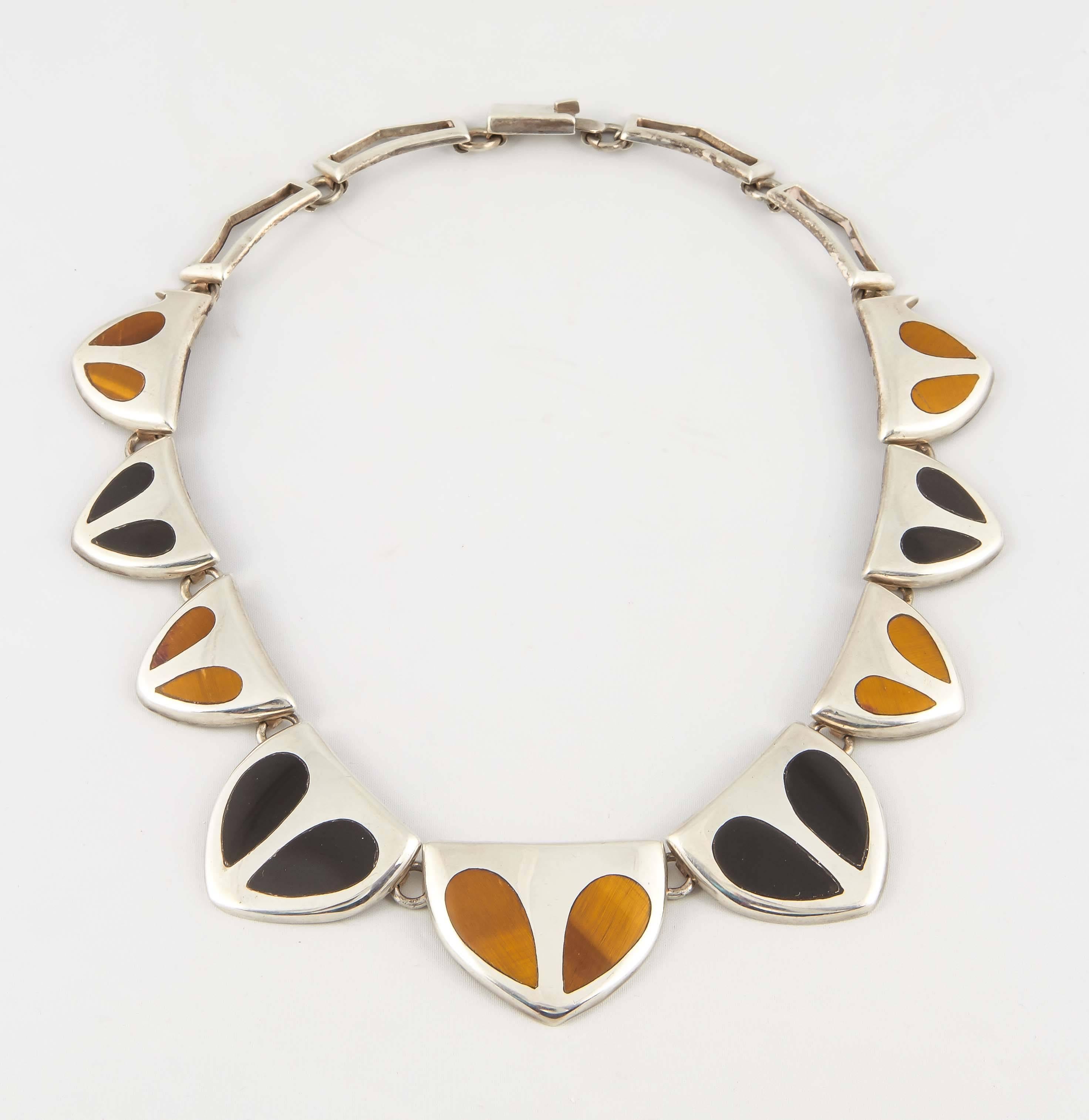 1970s Inlaid Tiger's Eye With Inlaid Onyx Cleopatra Sterling Silver Necklace 1