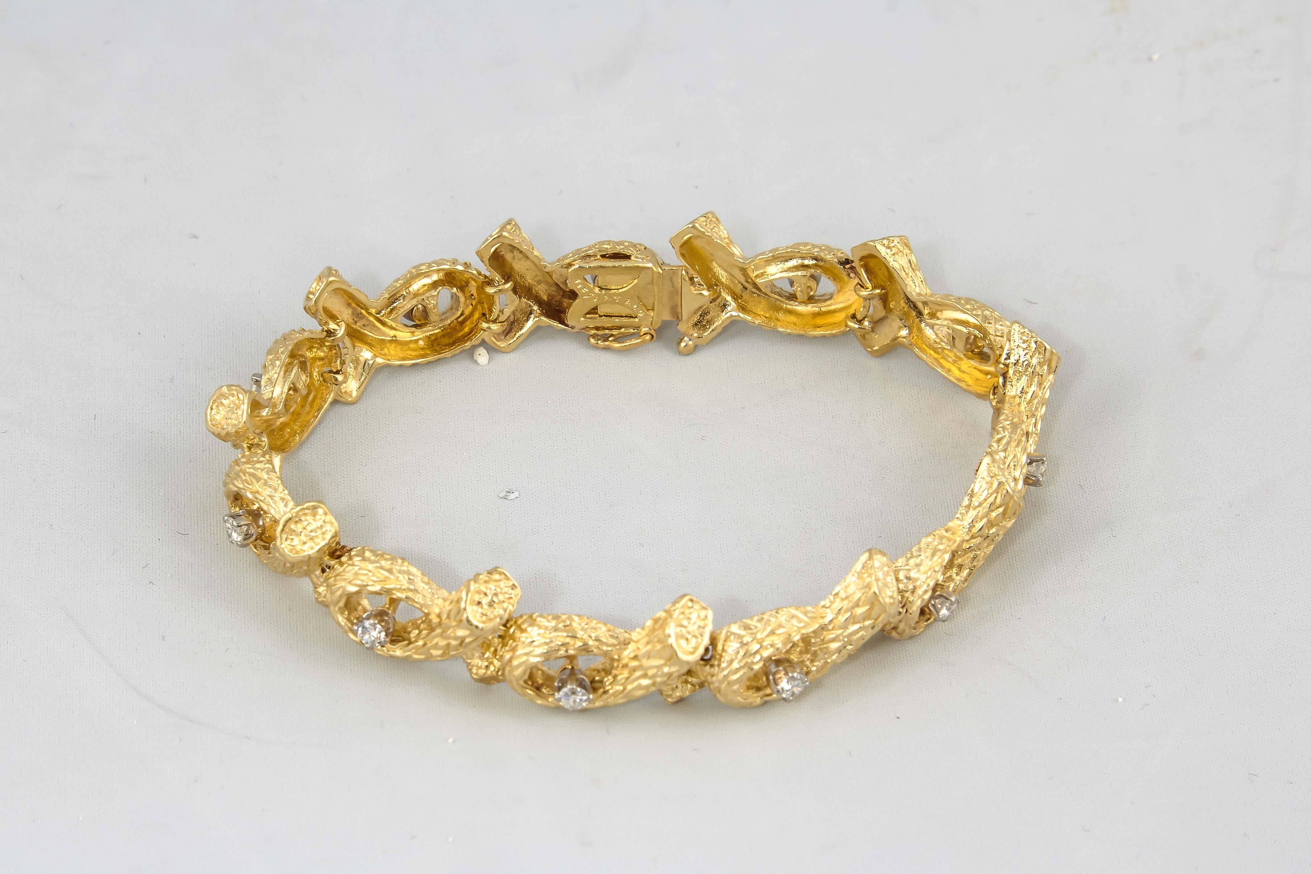 1960s Tiffany & Co. Open Link Bamboo Design Diamond Gold Bracelet In Good Condition In New York, NY