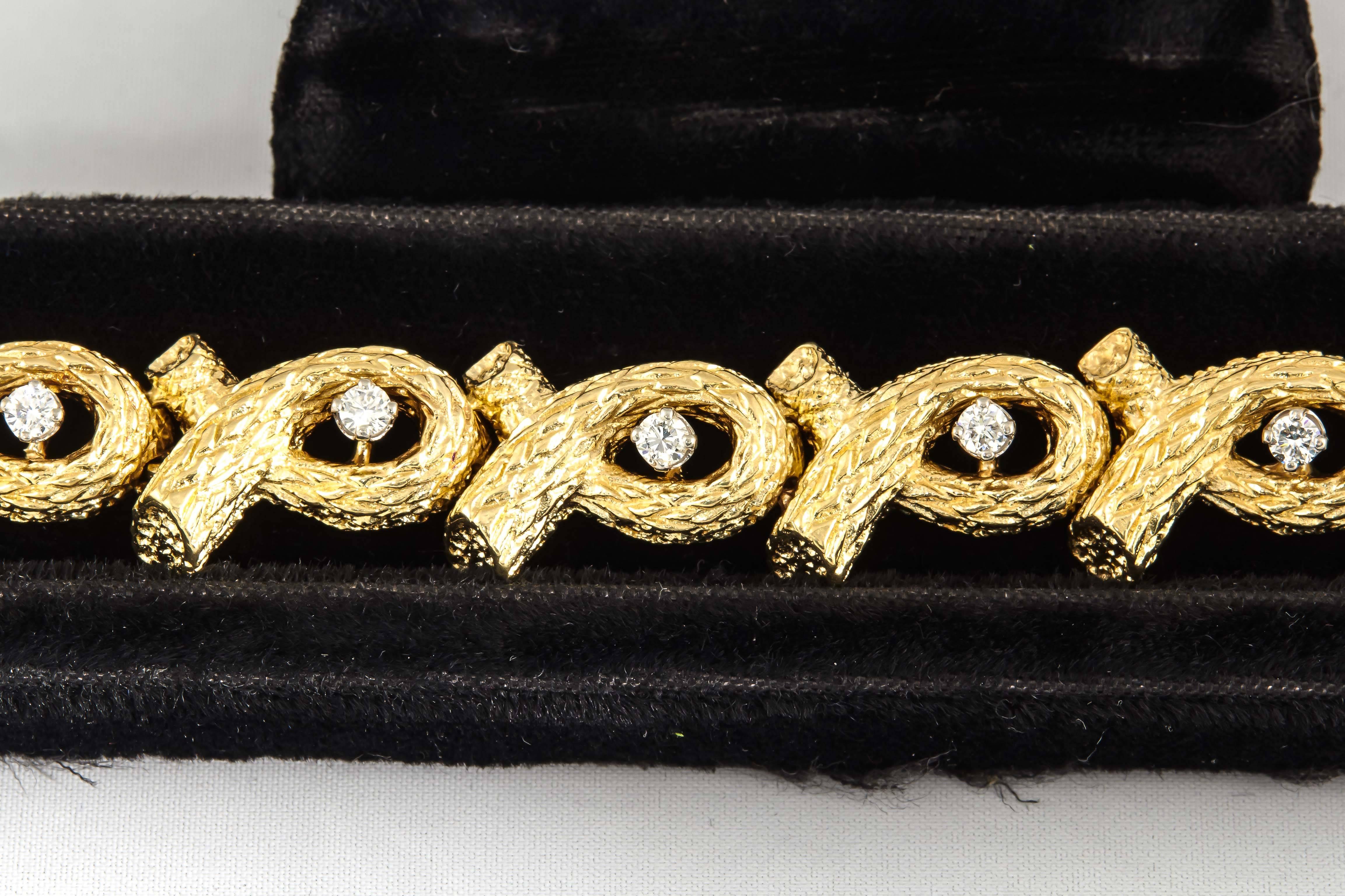 Women's 1960s Tiffany & Co. Open Link Bamboo Design Diamond Gold Bracelet
