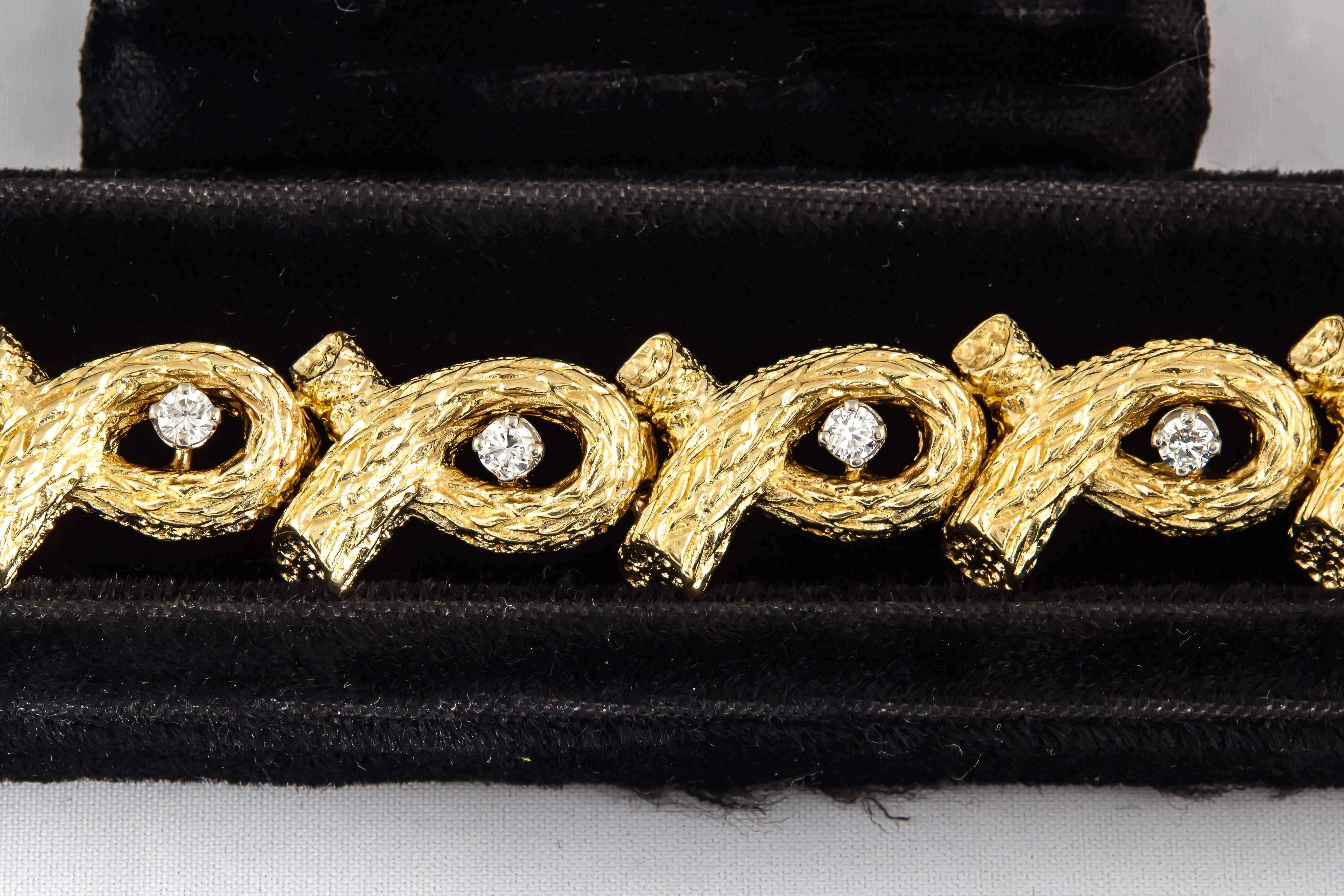 1960s Tiffany & Co. Open Link Bamboo Design Diamond Gold Bracelet 1