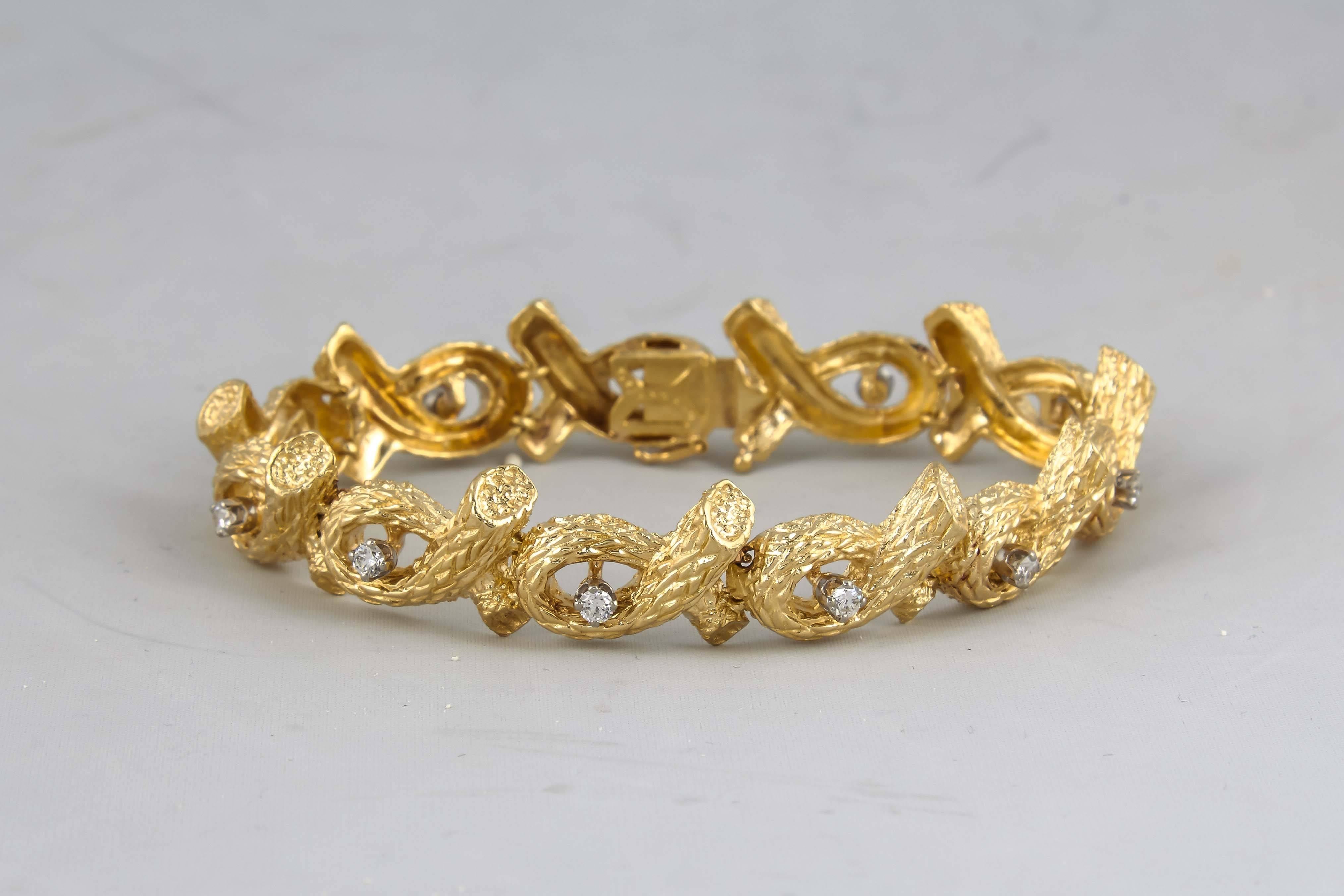 1960s Tiffany & Co. Open Link Bamboo Design Diamond Gold Bracelet 4