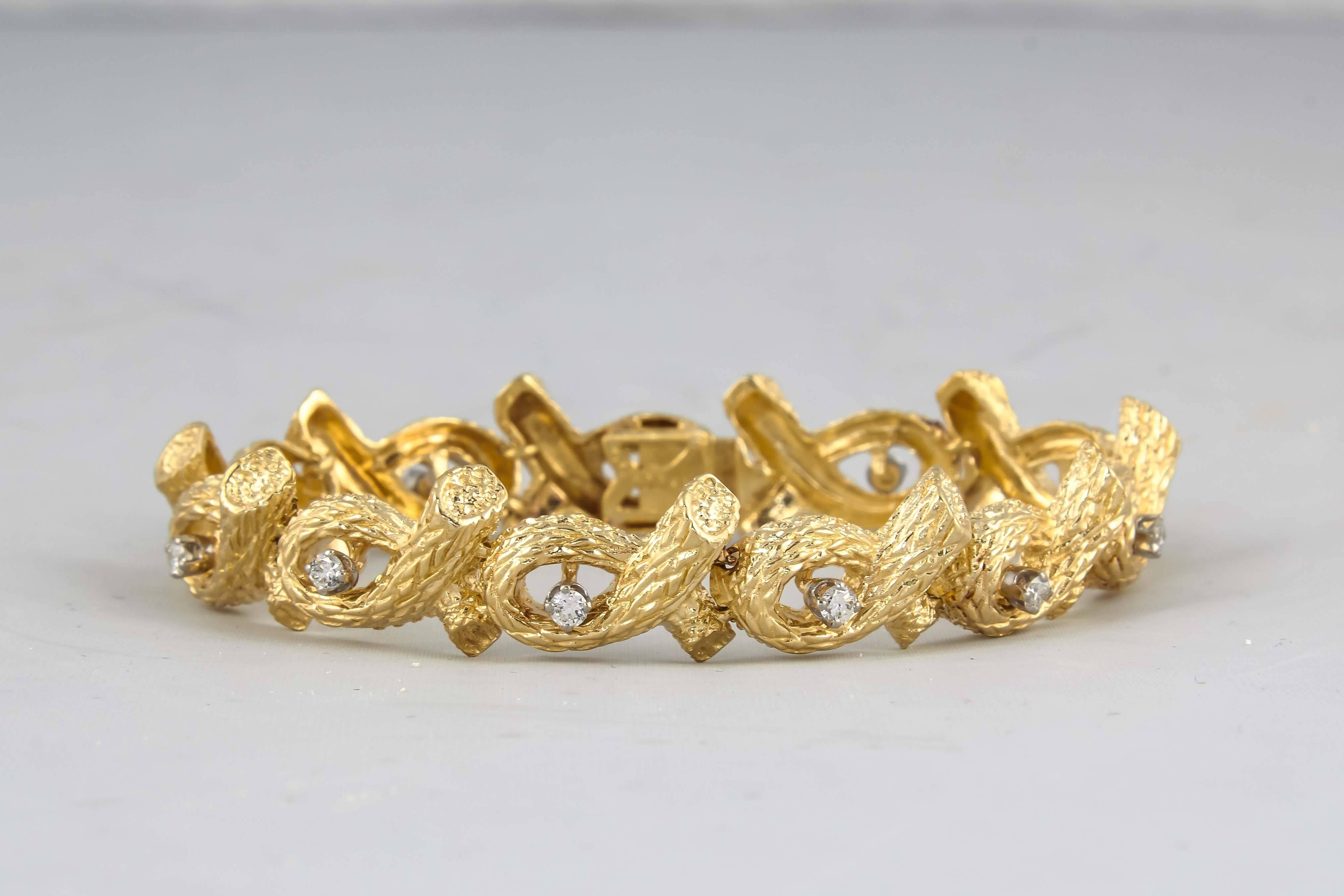 1960s Tiffany & Co. Open Link Bamboo Design Diamond Gold Bracelet 5