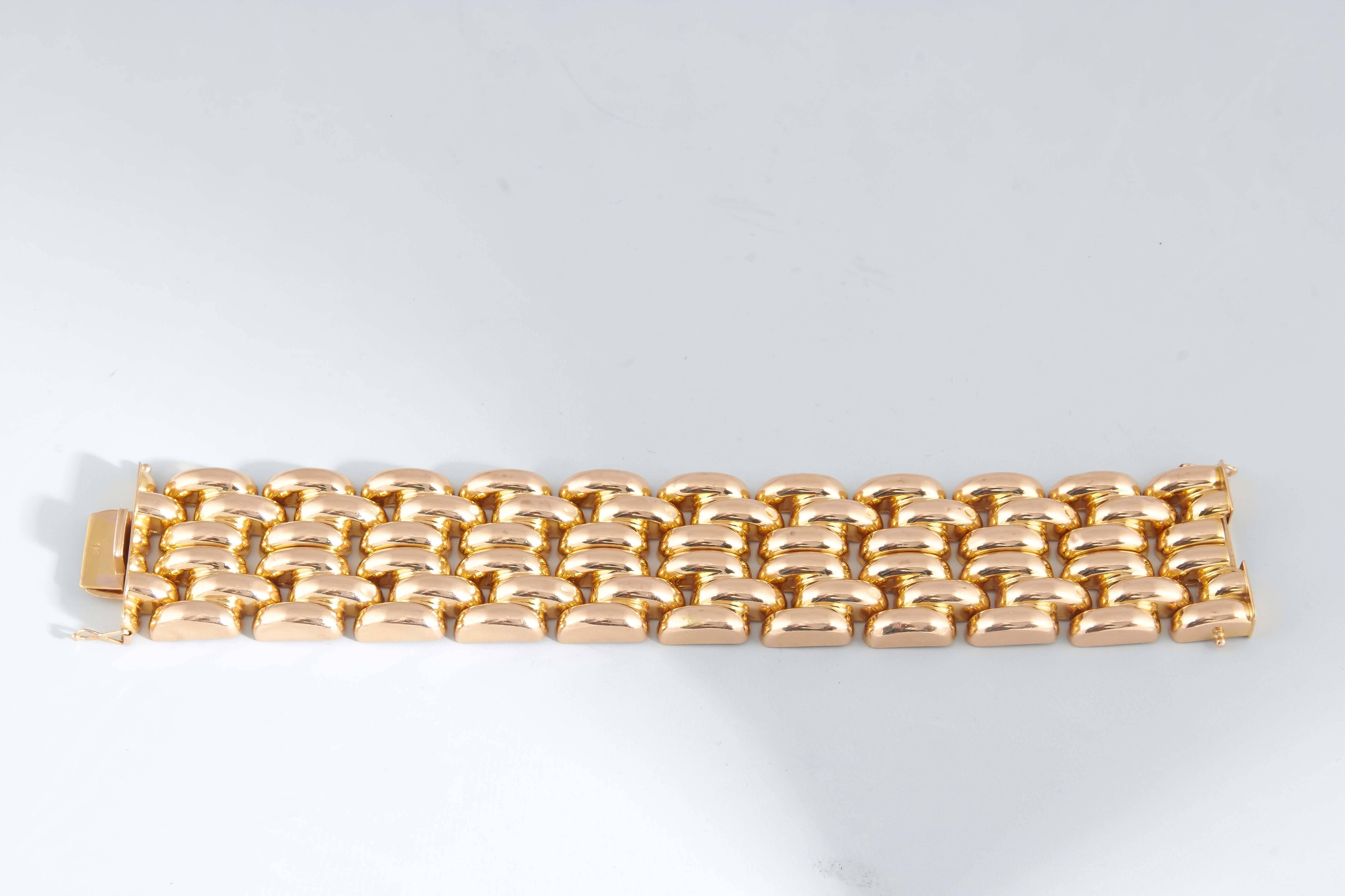 Women's 1950s Six Row Bold Dramatic HeavyTank Style High Polish Gold Link Bracelet