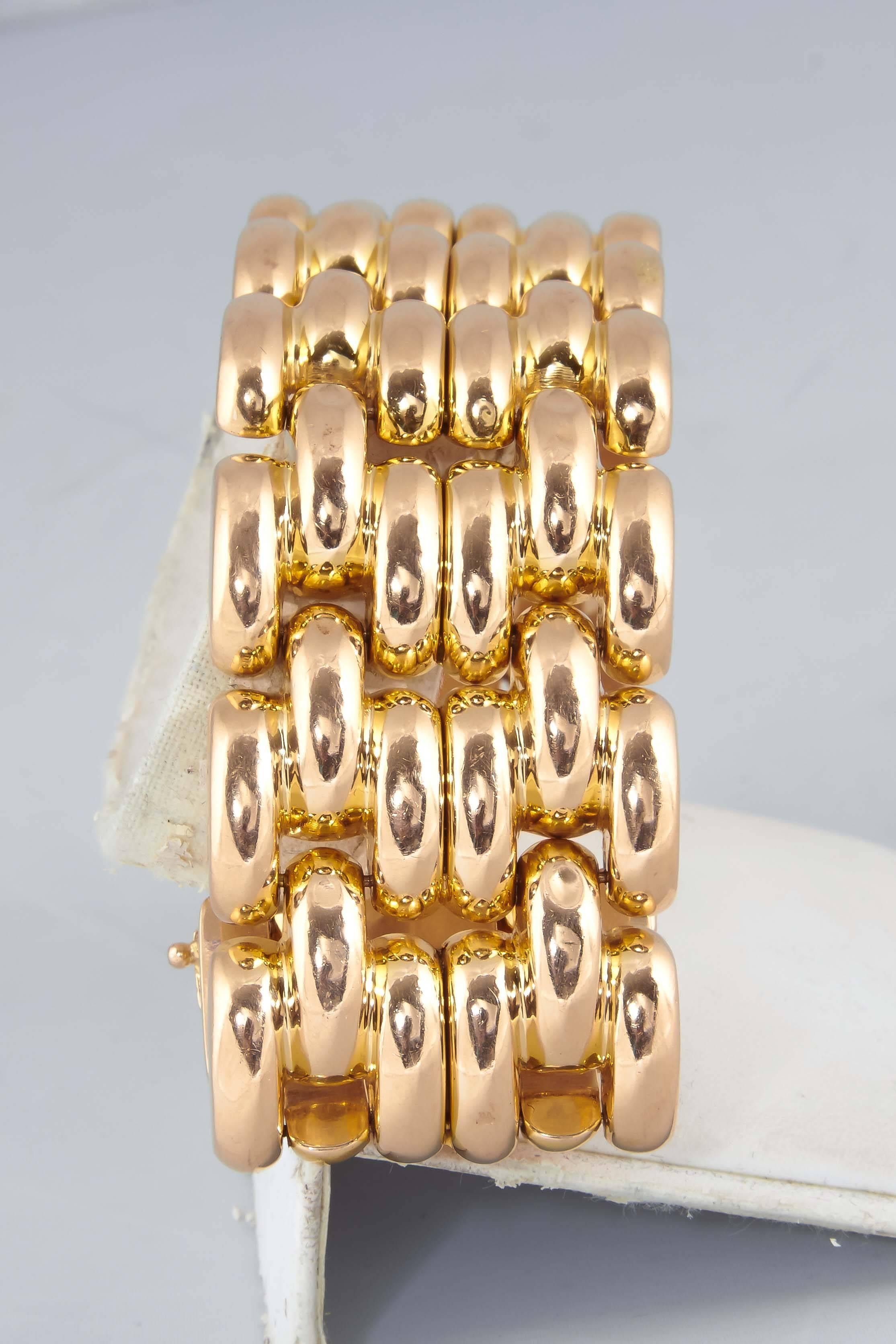 1950s Six Row Bold Dramatic HeavyTank Style High Polish Gold Link Bracelet 2