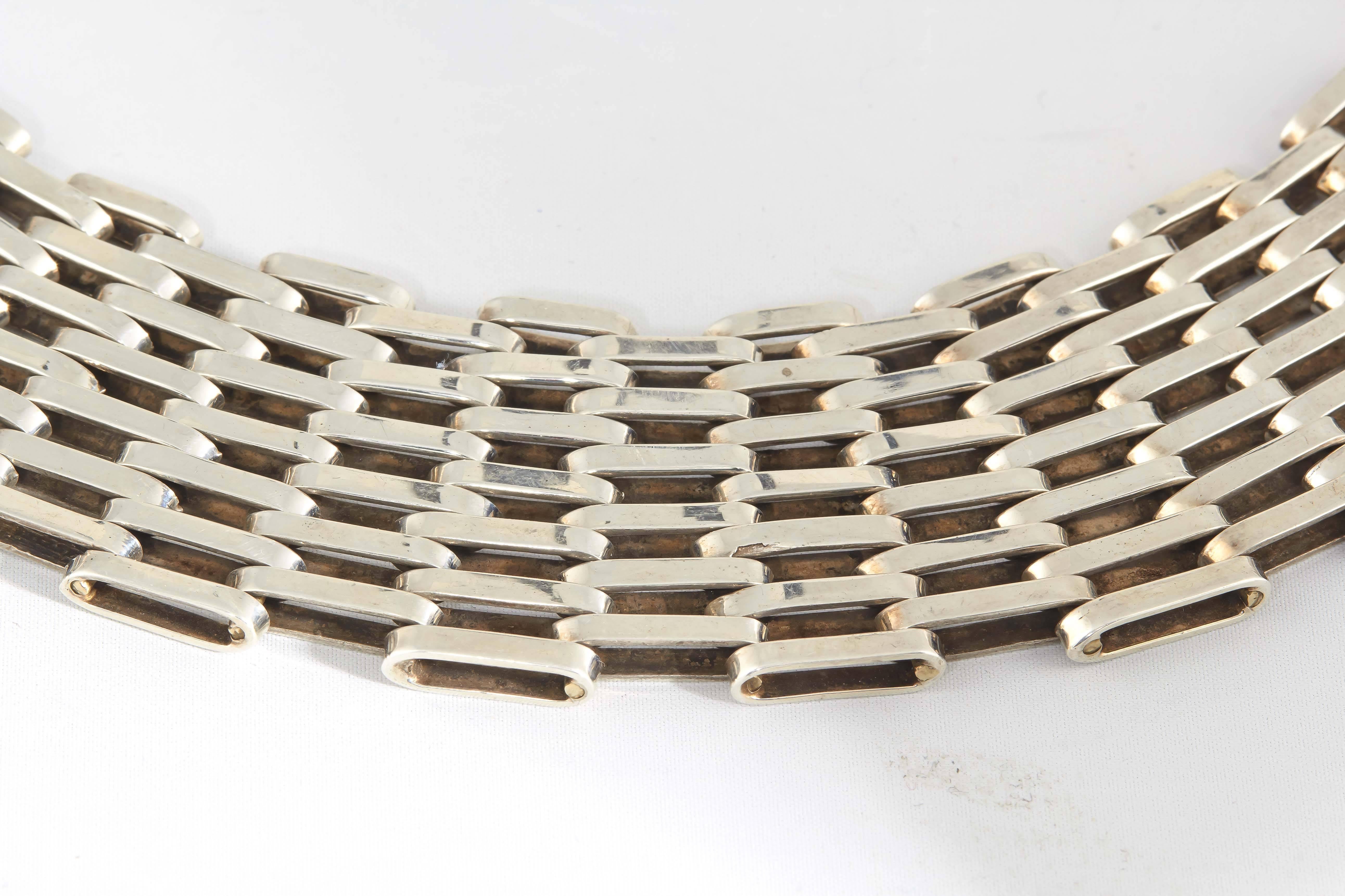 Sterling Silver Heavy 7 Row Wide Open Link Collar Necklace designed With An Easy Large open And Close Closure For Very Simple Fastening.Made In Mexico In The 1980's.
