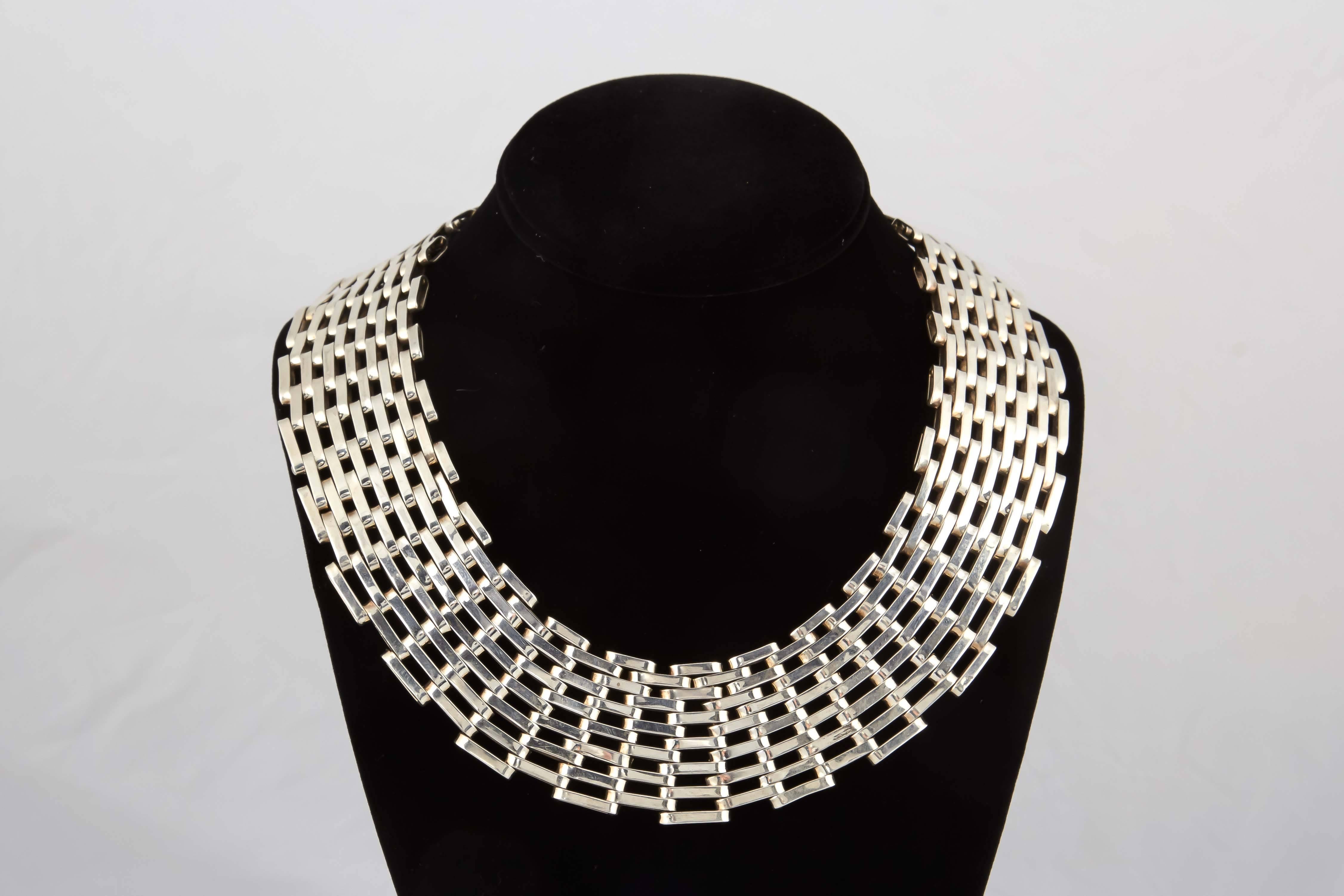 Women's 1980s Seven Row Bold Heavy Open Link Silver Wide Collar Necklace