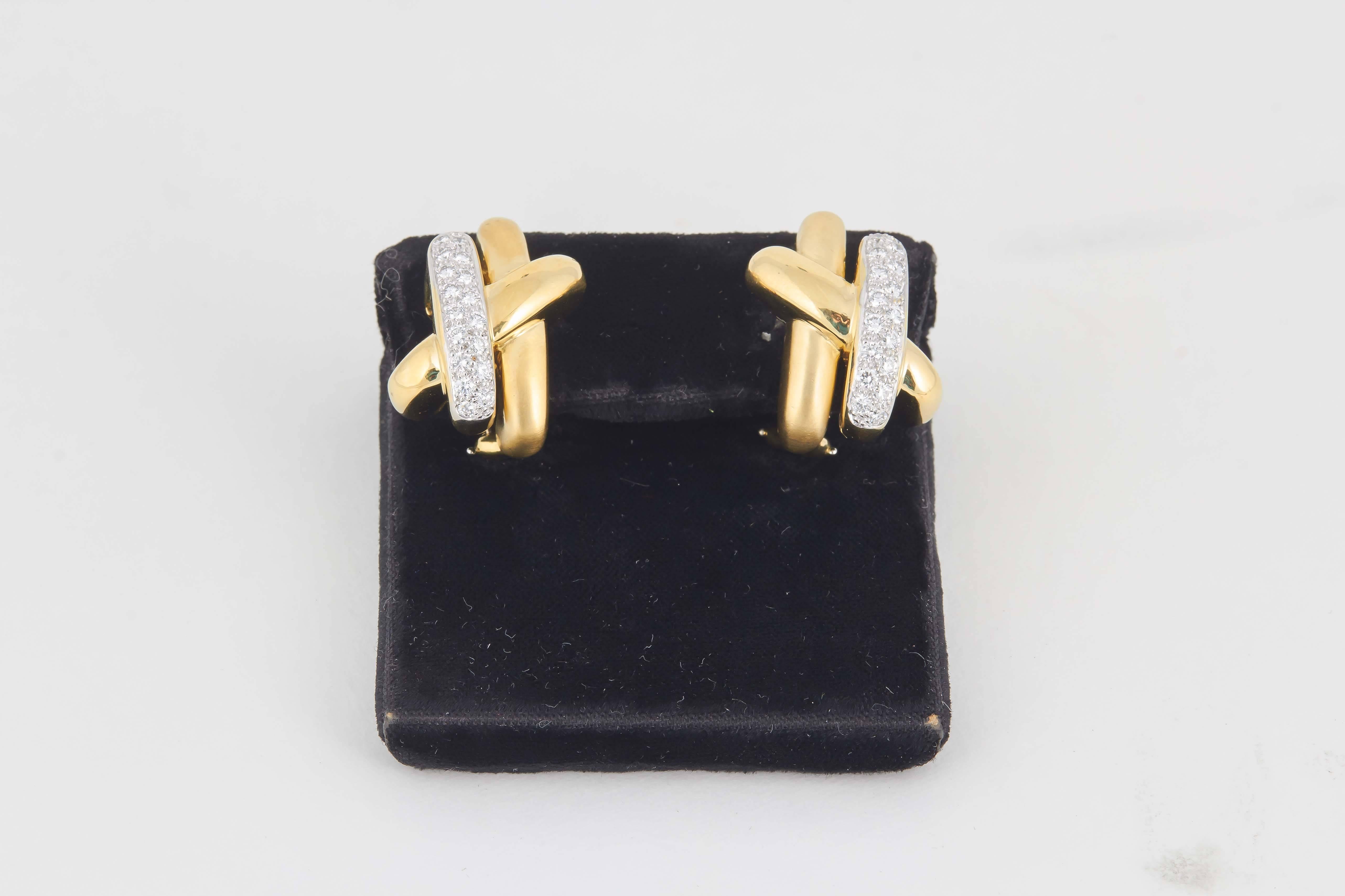 18kt High Polish And Matte Finish Twotone Gold "X" Design Three Dimensional Earrings Embellished With Approximately 2 Carats Of Superior Quality Full Cut Diamonds. Designed By Marlene Stowe In the 1980's. An American Designer. NOTE POSTS