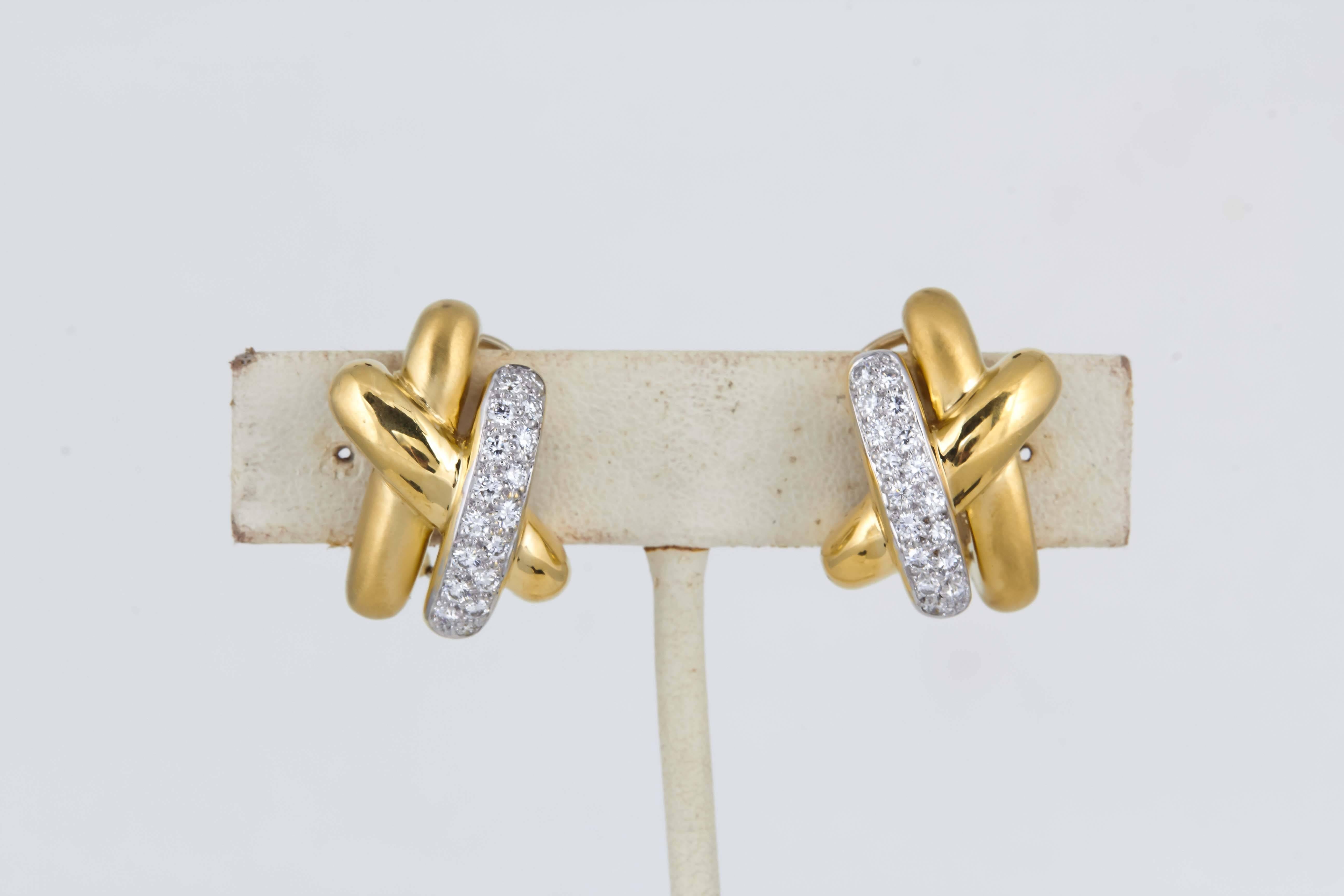 Women's 1980s Marlene Stowe Three Dimensional X Design Diamond Gold Earclips