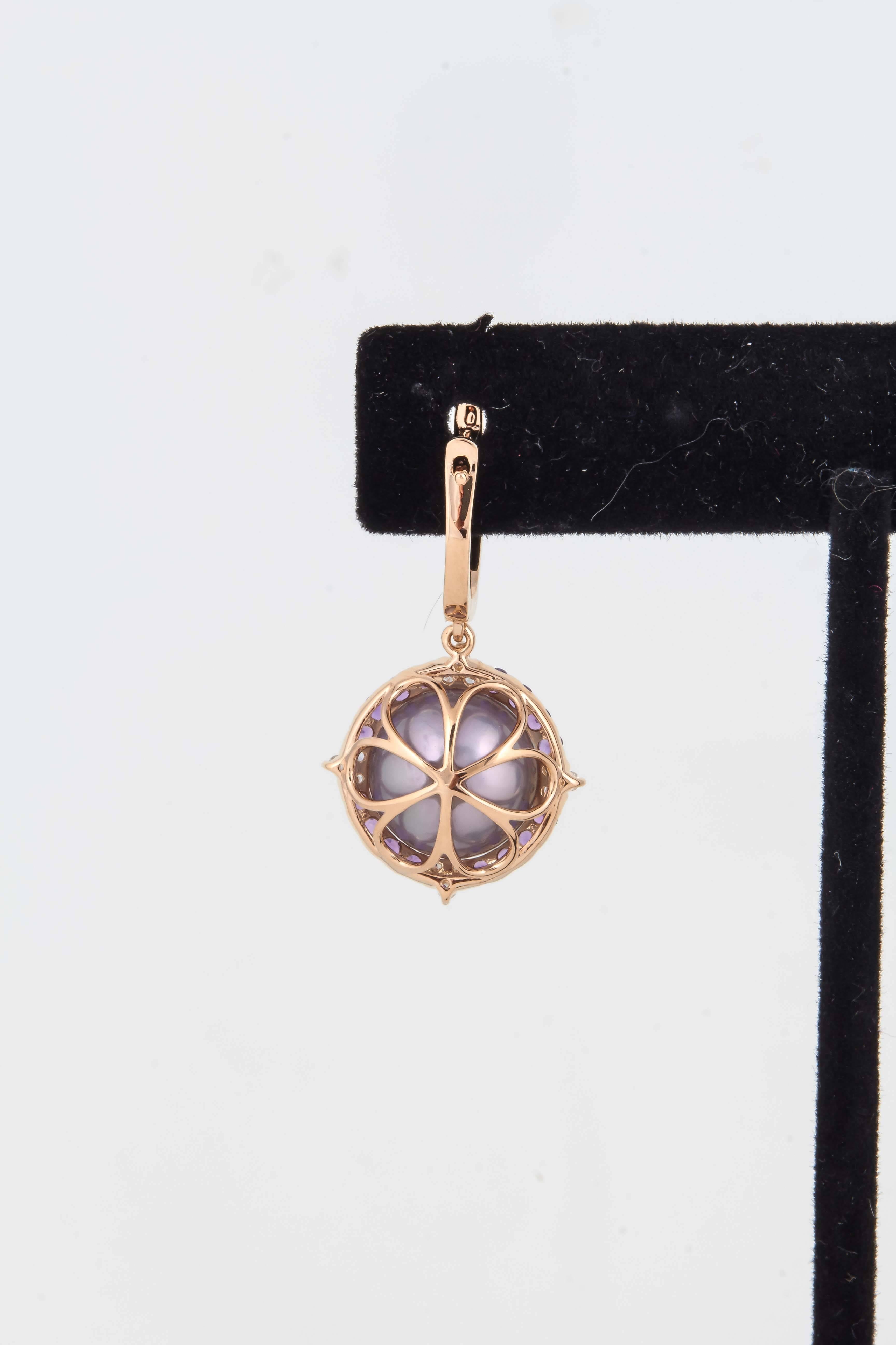 Amethyst and Fresh Water Pearl Dangle Diamond Earrings w/ Rose Gold 2