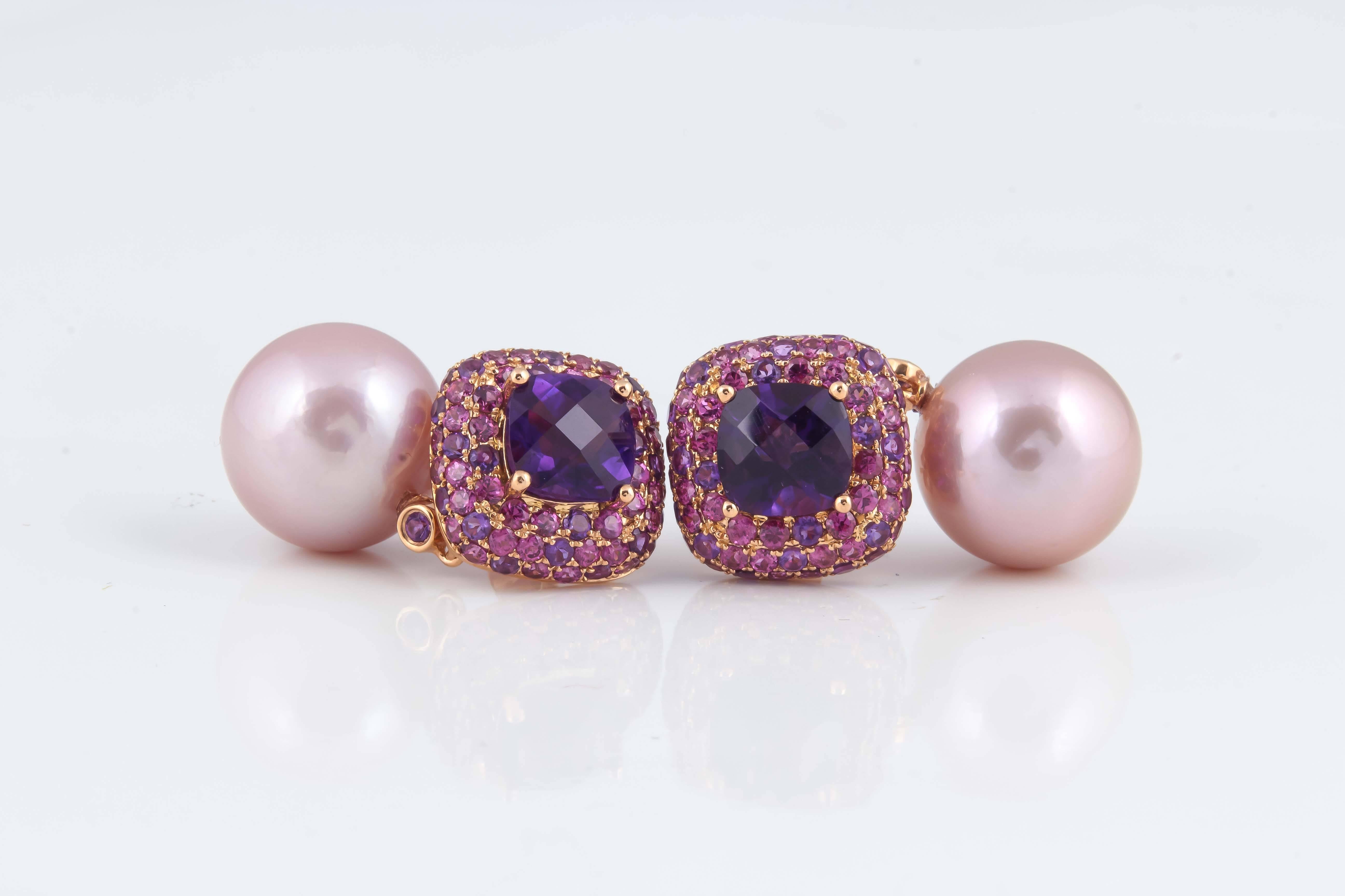 7 Cts Amethyst
14-15 mm 
Pink Freshwater Pearl
18K Rose Gold
The pearl can be removed and the top part of the earrings can be used as studs!!!