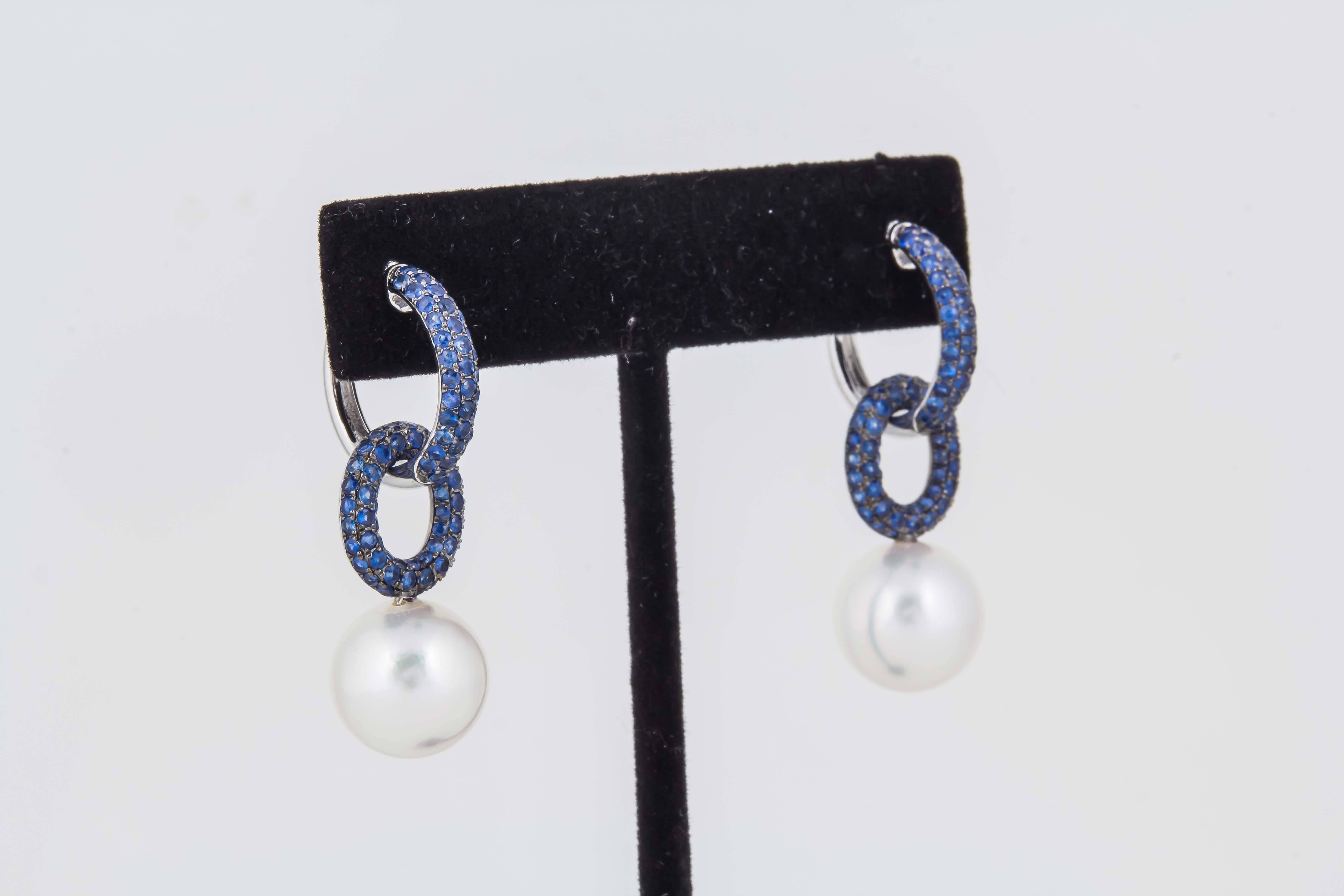 White South Sea Pearl & Sapphire Double Hoop Earrings  In New Condition In New York, NY