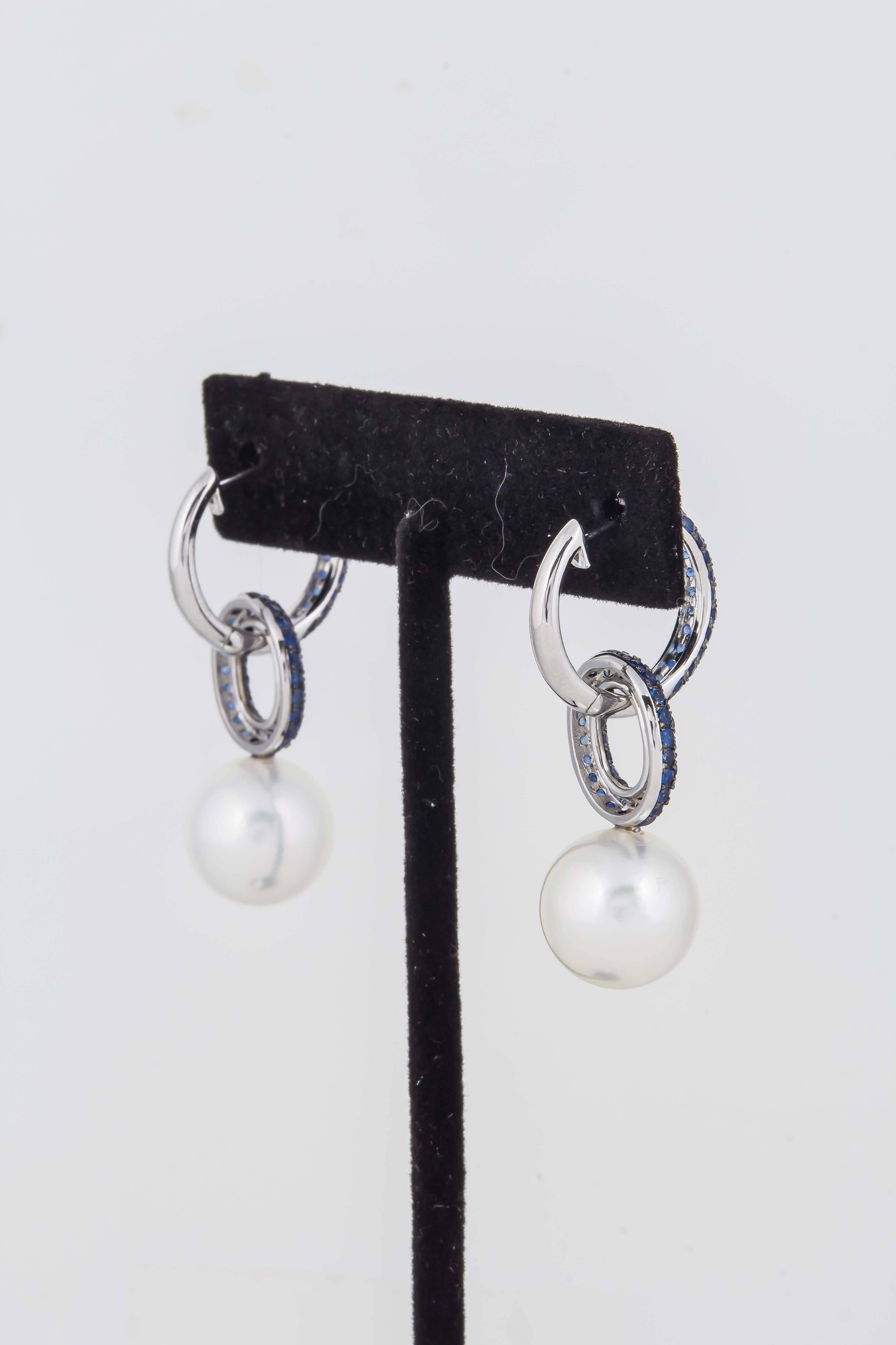 White South Sea Pearl & Sapphire Double Hoop Earrings  1
