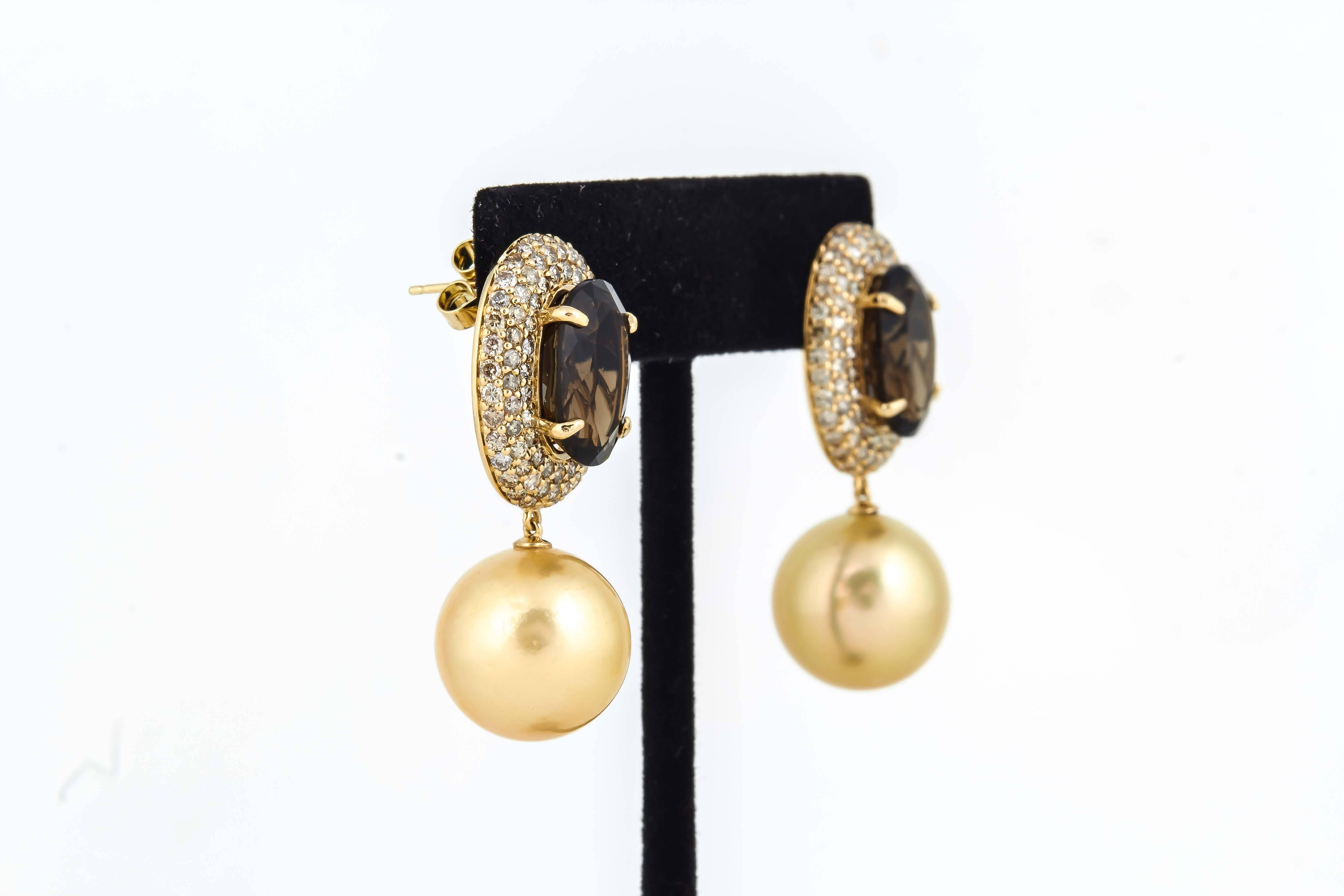 Smoky Quartz Diamonds & Golden South Sea Pearl Dangle Earrings In New Condition In New York, NY