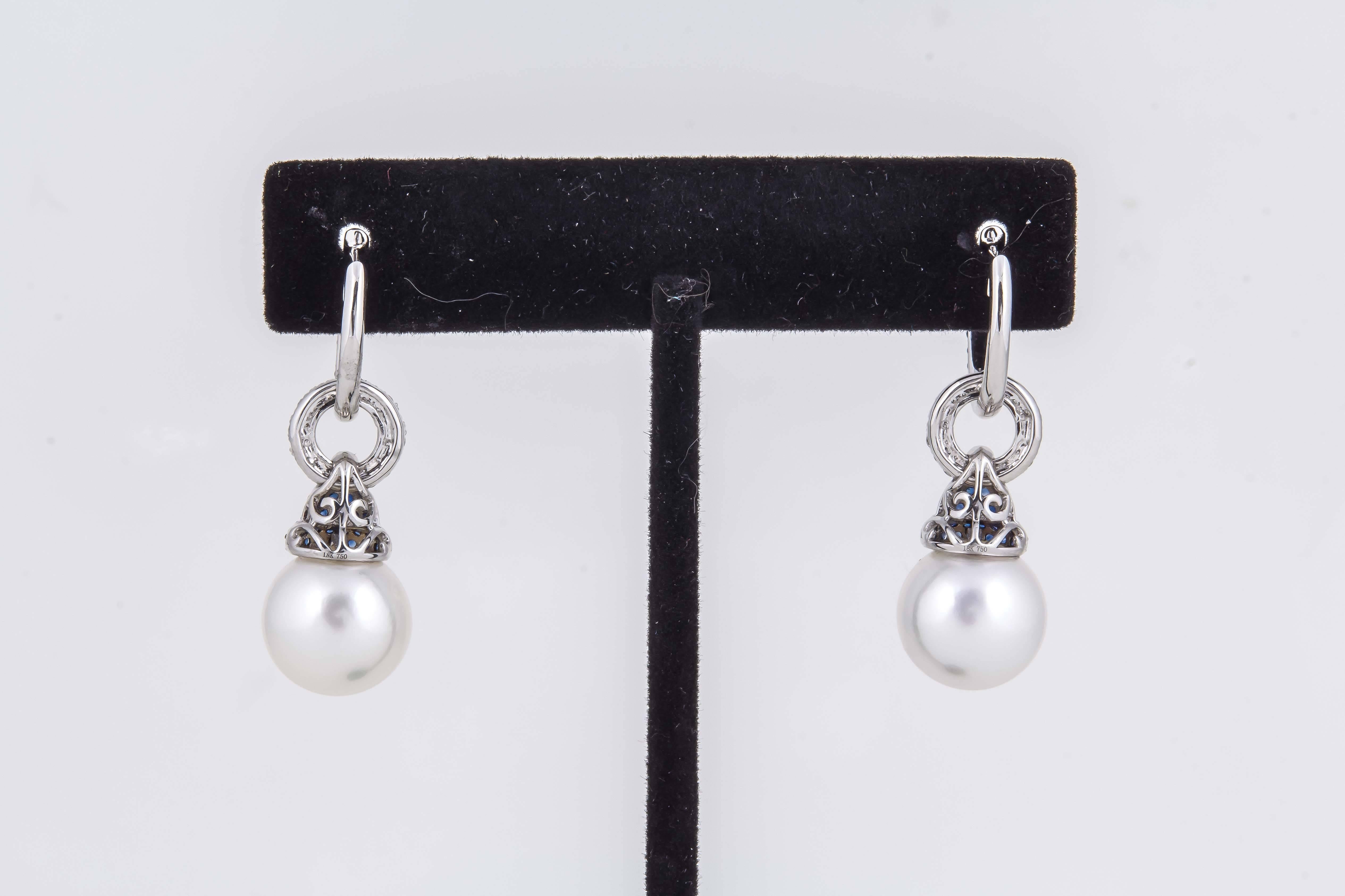 Contemporary Sapphire and Diamond Bell Hoop South Sea Pearl Earrings For Sale