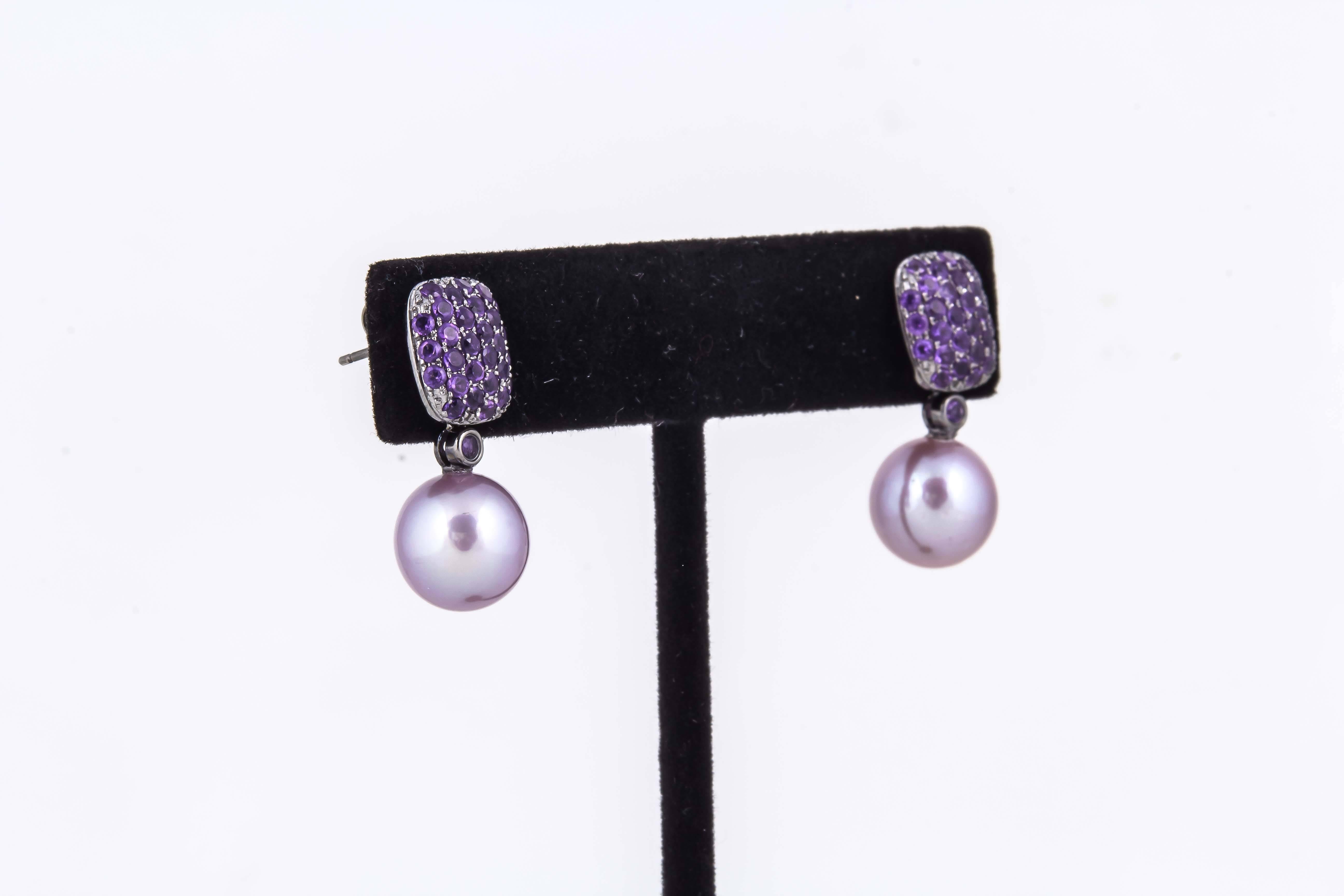  Pink Freshwater Pearl Amethyst Diamond Earrings In New Condition In New York, NY