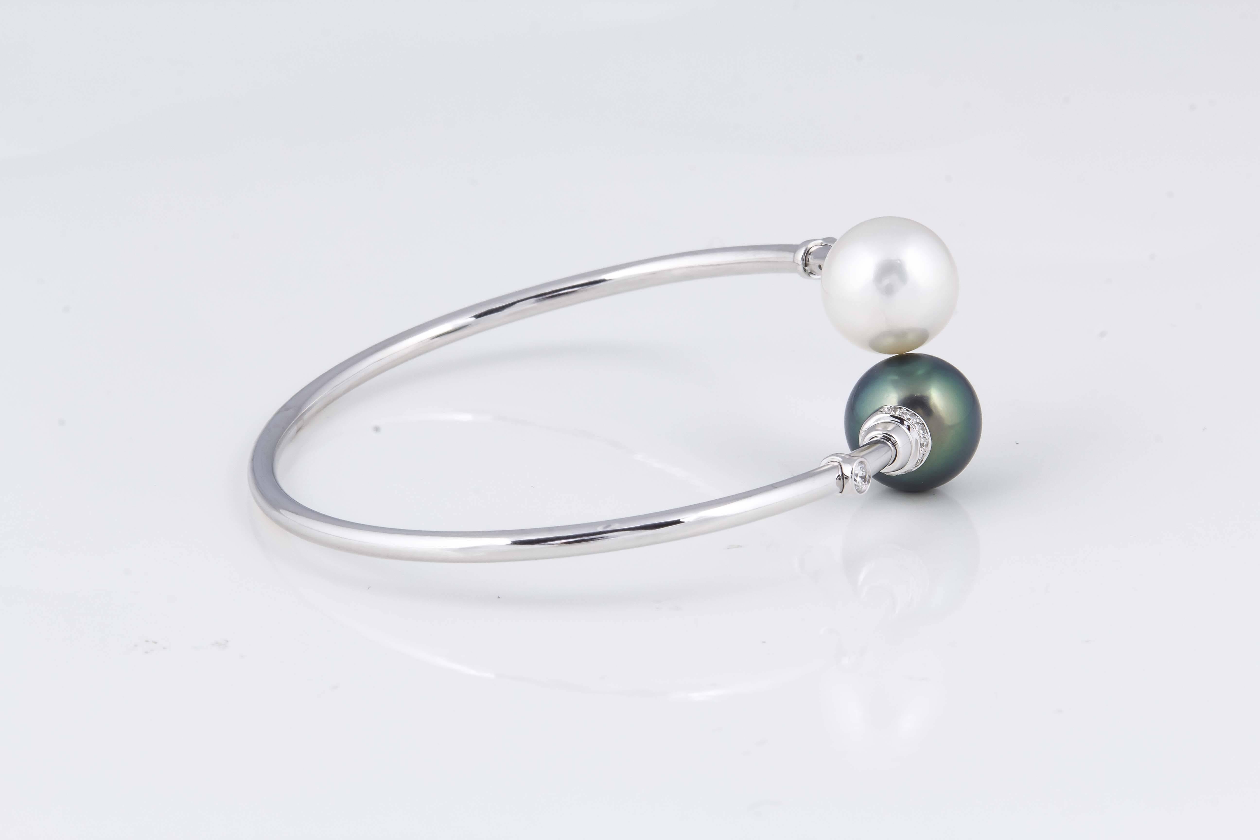 Contemporary South Sea Tahitian Pearl Diamond Bypass Bangle 18K White Gold  For Sale