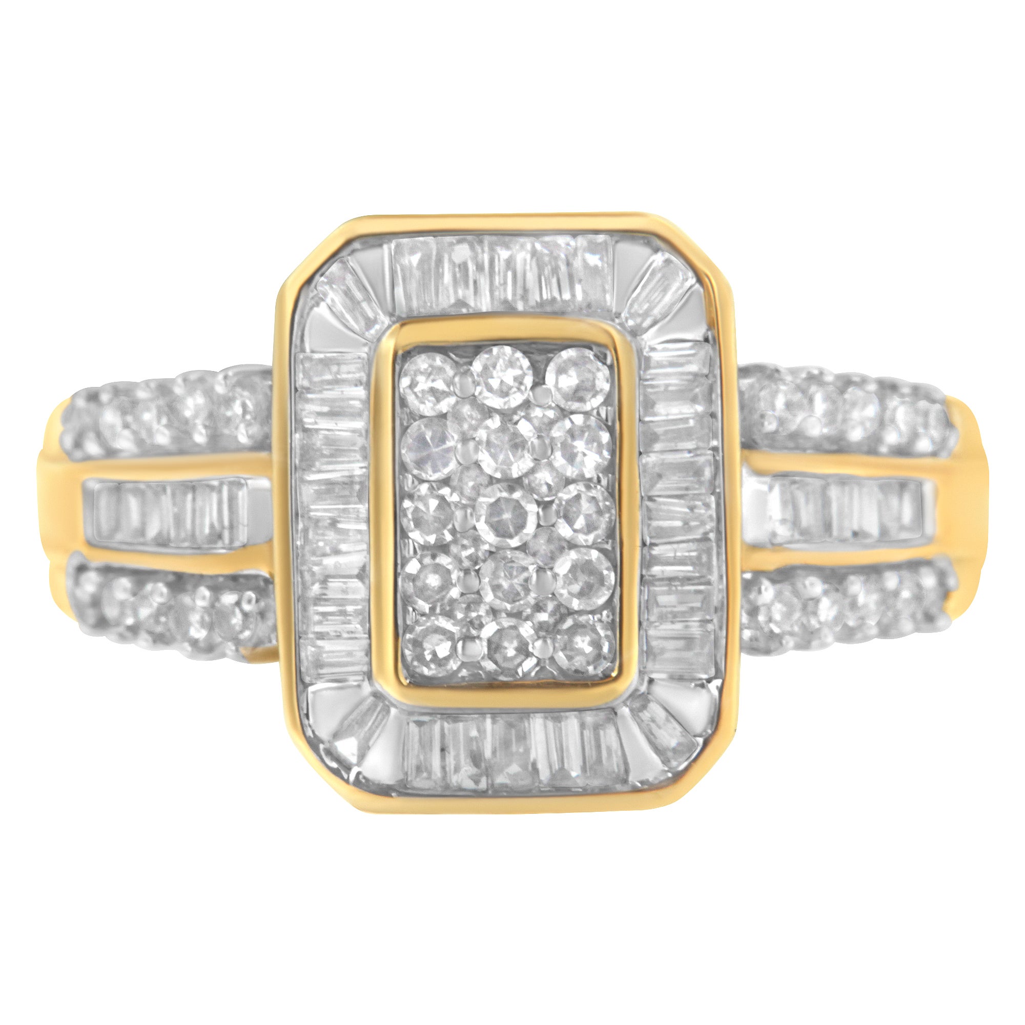 14KT Yellow Gold Vertical Bar Round Diamond Cluster Ring with Accent ...