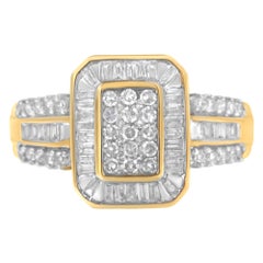 10K Yellow Gold Round and Baguette-Cut 1.0 Cttw Diamond Cluster Ring