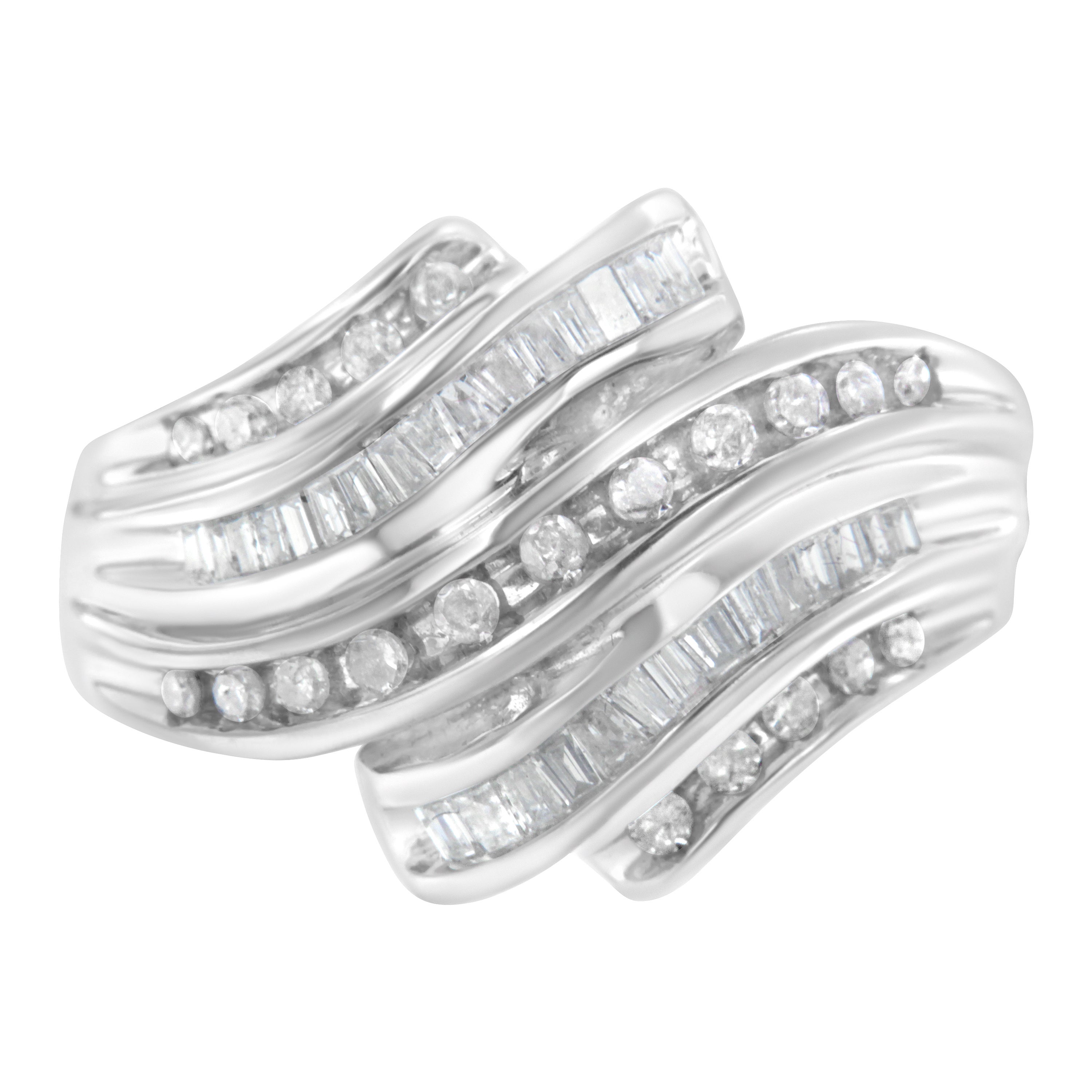 10K White Gold Round and Baguette Cut 3/4 Cttw Diamond Channel Ring