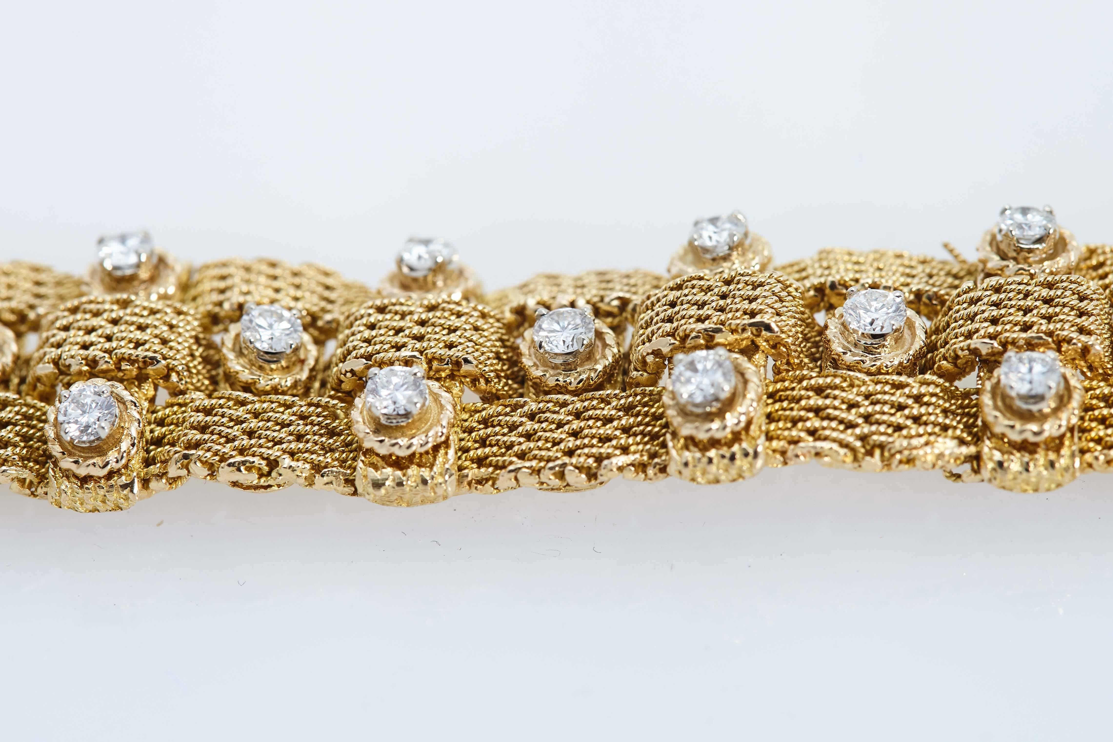 Modern Bulgari Woven Mesh Gold Diamond Bracelet For Sale